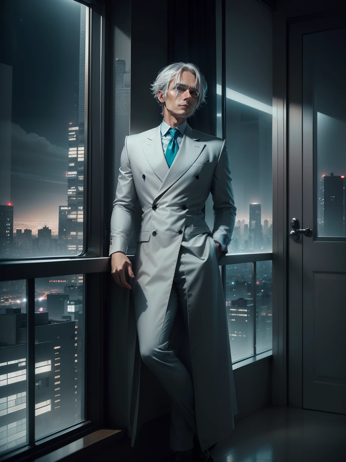 (masterpiece), best quality, cyan eyes, light grey hair, expressive eyes, Holhaya, sitting in highrise apartment room, night sky, city landscape, looking at viewer, city lights, window, highlight, dramatic lights, calm face,