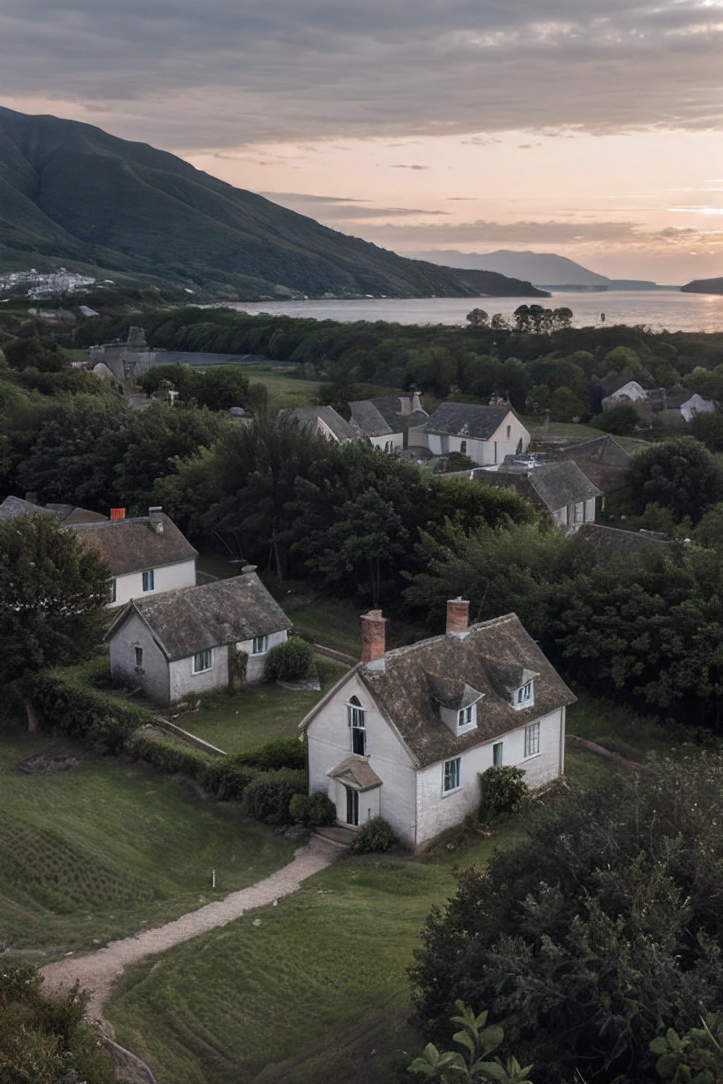 (retouched:1.6), photo of house in lonely village (on hill), on an island