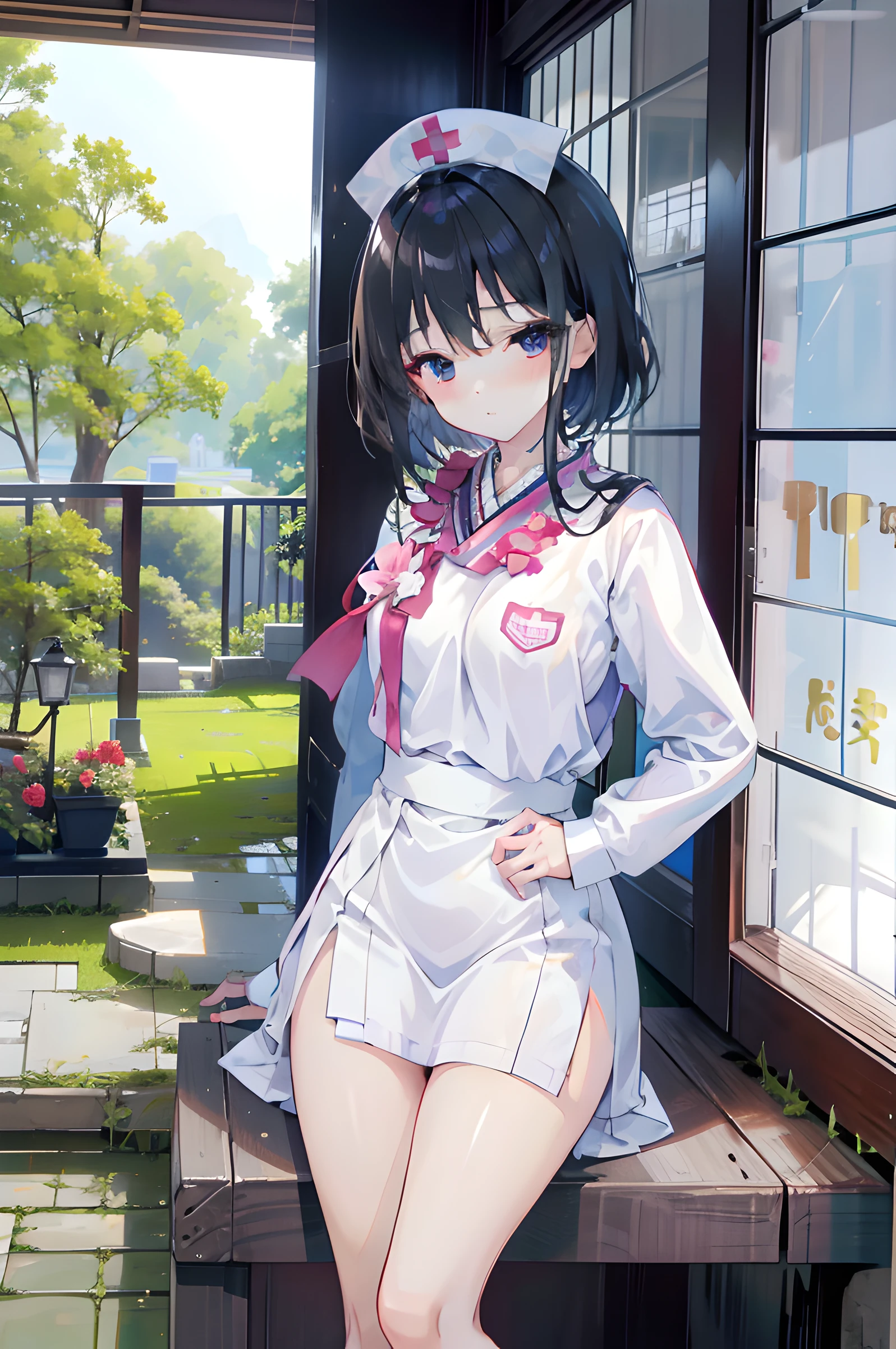 There are many girls posing with their hands on their hips in the room, Japan school uniform, japanese girl school uniform, many legs, wearing japanese school uniform, in girls generation, Cute Girls, Ecchi, Wearing school uniform, High School Girls, long thin legs, japanese maid cafe, Ecchi anime style, 1 girl, Solo, kamisato ayaka, Nurse_Dress, Large breasts, bandaged, Sitting on a chair, Sexy Pose, lingerie, {masutepiece},{Best Quality},{1girll}, Cute, amazing, Beautiful detailed eyes, Black eyes, Short hair, Black hair,finedetail,depth of fields,extremely details CG,Original, Very detailed wallpaper,Upper body, view the viewer