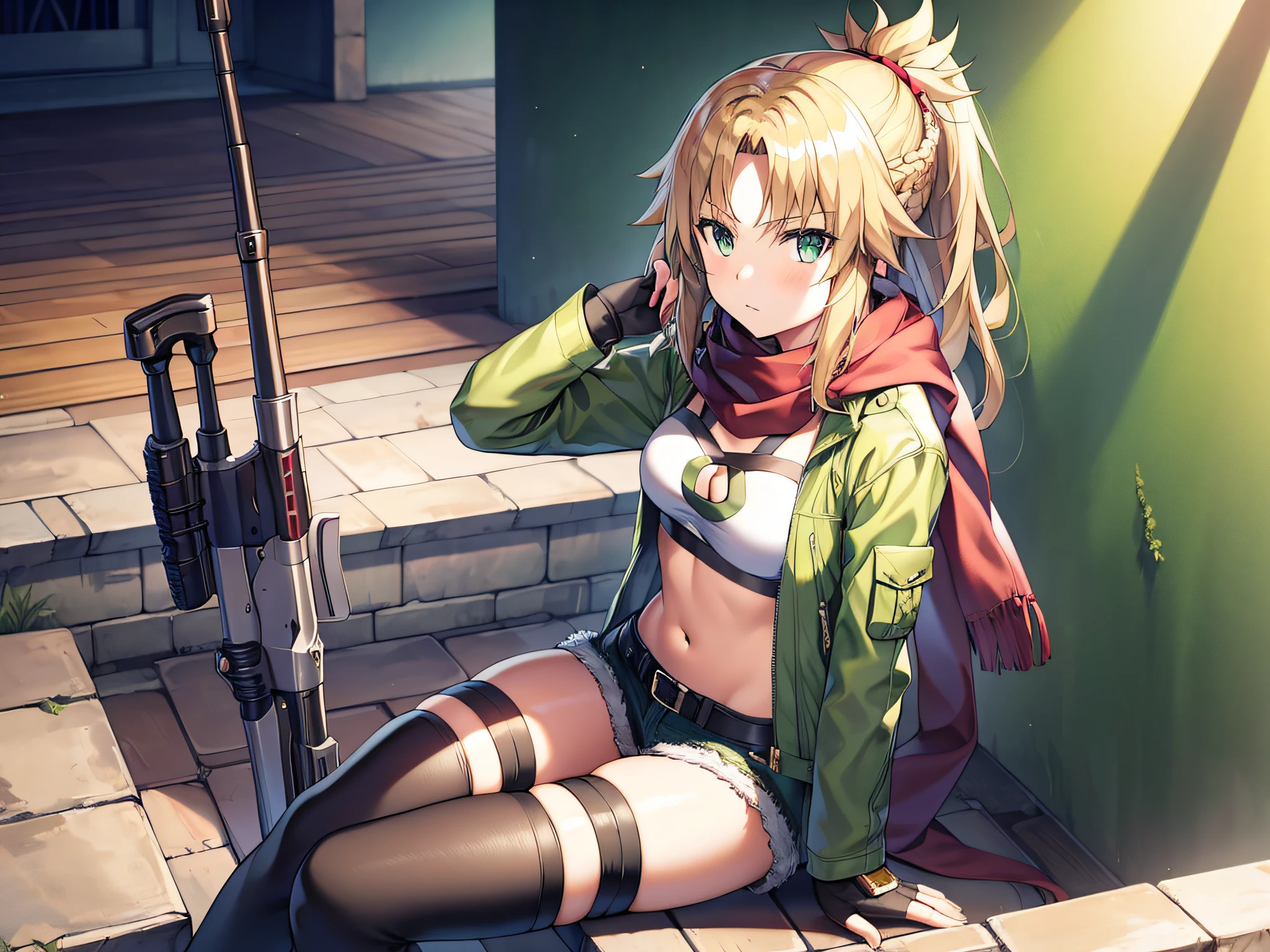 masterpiece, best quality, highres, 1girl, sinon1, scarf, fingerless gloves, long sleeves, short shorts, hair ornament, hairclip, green thighhighs, green jacket, thigh strap, cowboy shot, holding weapon, sniper rifle, ruins, sitting,