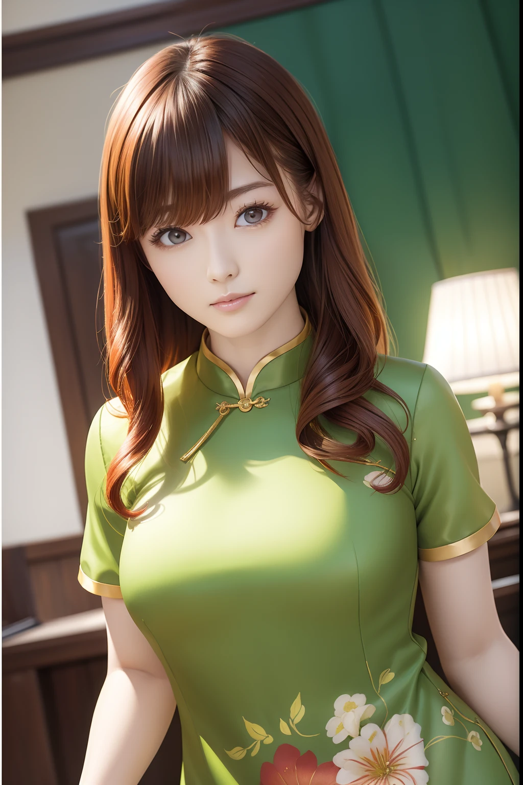 The upper part of the body、an oil painting、​masterpiece、top-quality、hight resolution、Redhead medium hair、bustshot、Light perm、Green cheongsam、shortsleeves、glaring、Dossy face、Luxury cheongsam