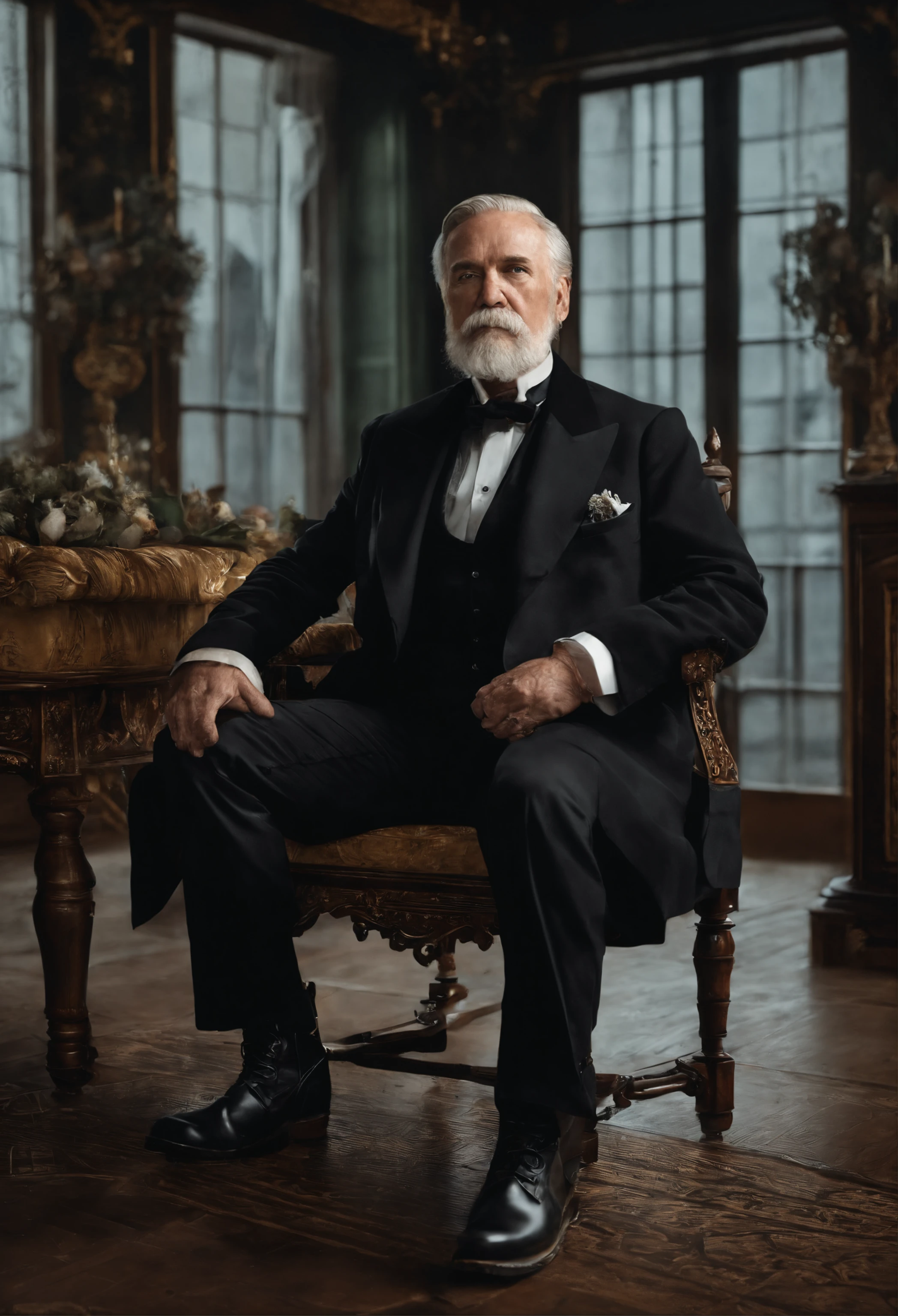 Old gentleman with a goatee,sit on chair,Eyes look at boots,Black high-gloss rain boots, 8K分辨率,Wallpaper masterpiece,Best quality,digitial painting,Highly meticulous,Ultra high quality
