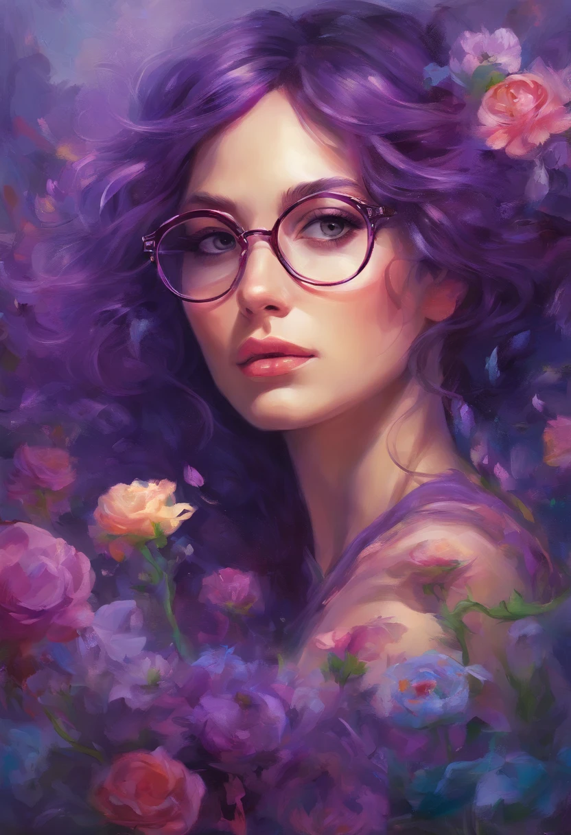 Quality first,masterpiece in detail,30 year old beautiful woman wearing glasses, purple hair,Be a teacher,sportrait,closeup cleavage,in class room,fresh flowers,Rich in color