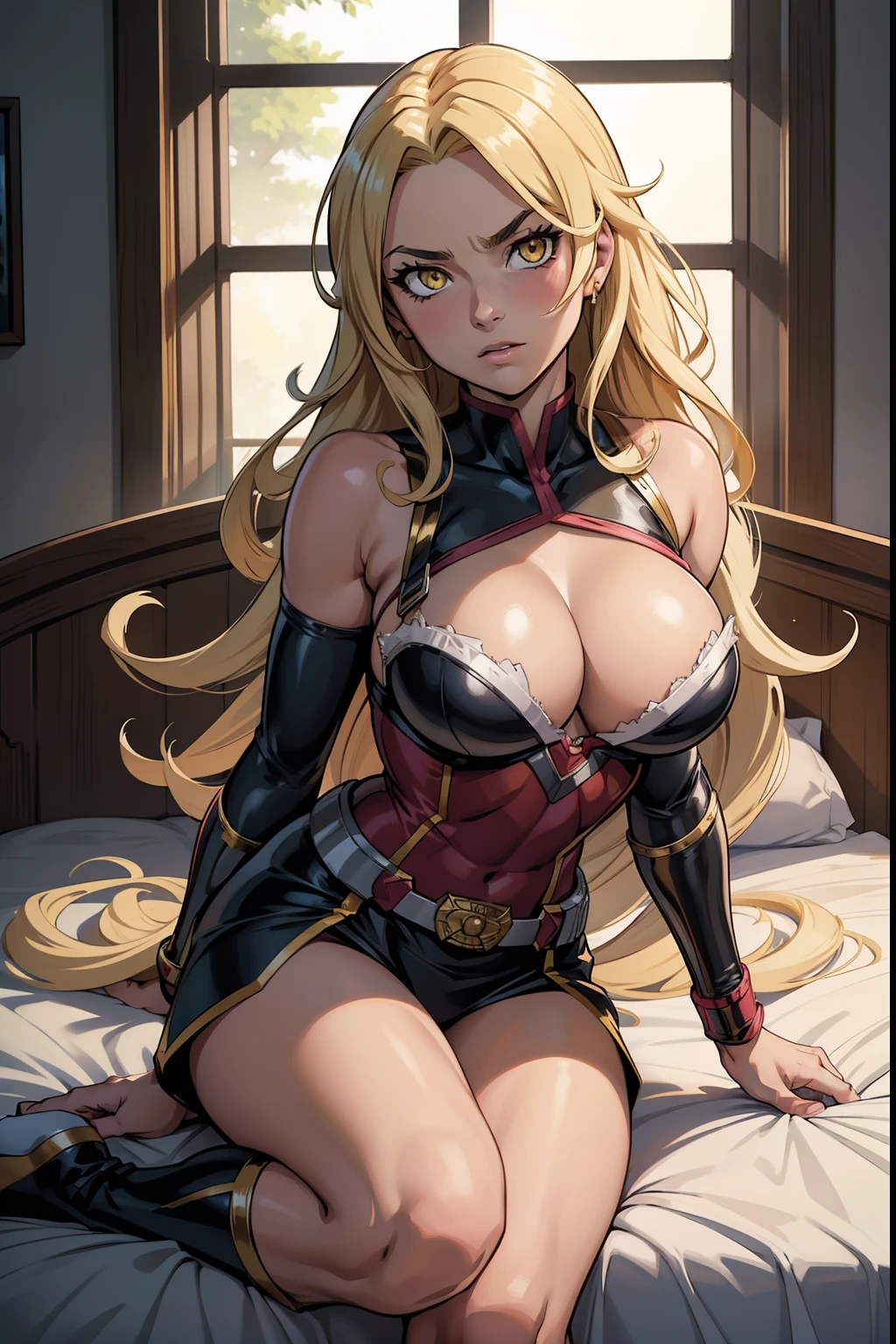 (my hero academia style), thepit bimbo, estilo studio_ghibli_anime_style, brilhante, [Margot Robbie: Alessandra Ambrosio: 0.70], solo 1girl, pose de batalha com longos cabelos negros, seios, corpo quadril, vestindo armadura do Superman, usando luvas, absurdamente longo cabelo, explosion in background, cena de luta, Evil Superheroes, perigo, petrificado, tension, fogo, destruction, detritos, Objeto voador, hiper-realismo, 8k, Fundo da arena de batalha, volumeric lighting, good ilumination, side-lighting, perfect  lighting, [shia from arifureta], , ataque de Grick,beautiful woman with white long hair and yellow eyes, big breast, laying on bed, looking at the viewer, wearing pink lingerie, masterpiece, best quality, sunlight, on a bedroom with sunlight entering through the window