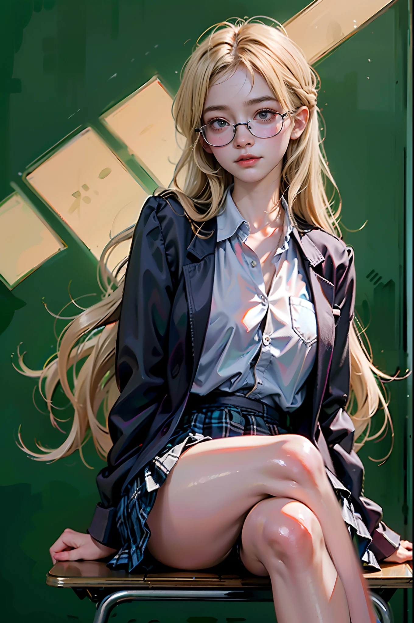 (8K, RAW photo, High sensitivity, Best quality, Extremely detailed hair, Masterpiece, 超高分辨率, Photorealistic:1.25) , thin frame glasses, frontage, 1girll, The profession is a teacher，校服, Dark gray open jacket, Dark gray blazer, Pleated skirt, Plaid skirts, ash blond hair, Gold-tone round glasses, at class room, There was a blackboard behind him，There are mathematical formulas on the blackboard，Detailed portrayal