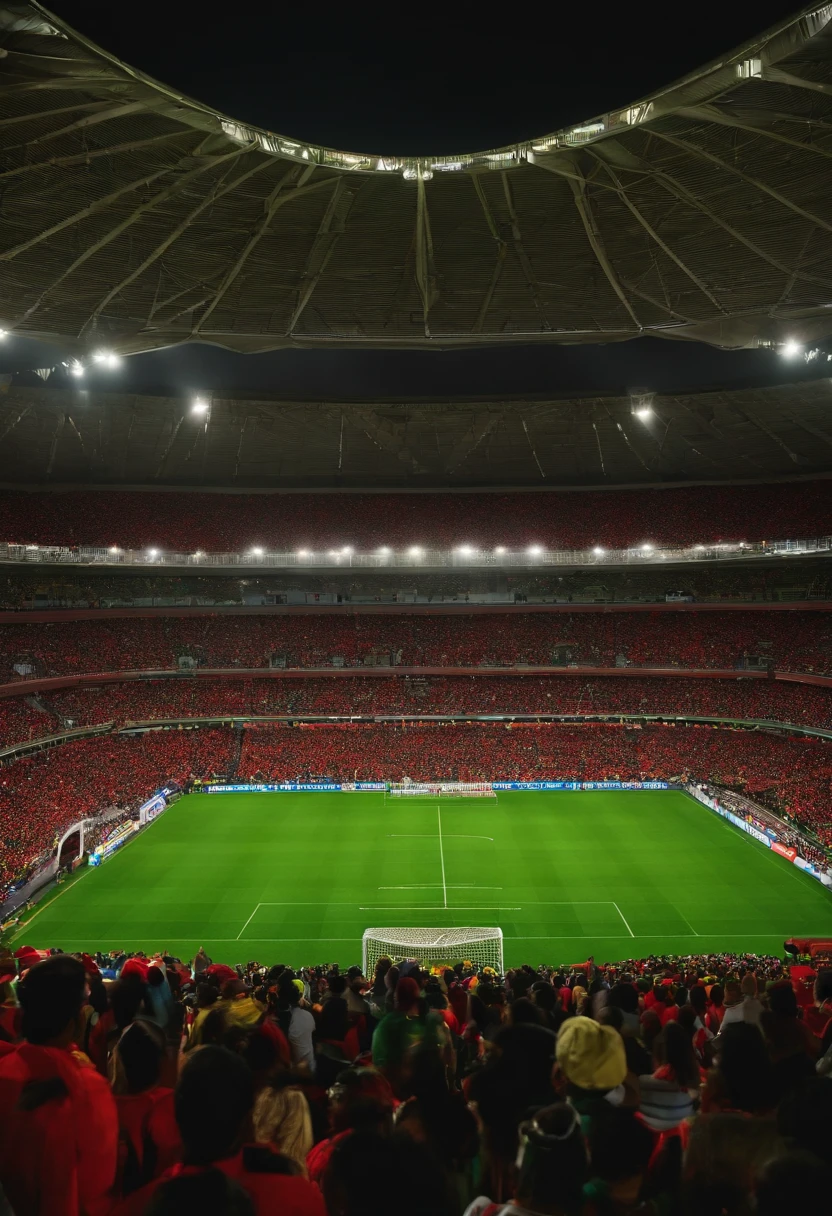 There is a football field with a large crowd of people watching, the stadium has a full crowd, inflatable balloons in the hands with the colors red, preto e verde em segundo plano, arquibancadas lotadas, atmosfera alegria, the crowd is cheering, stadium full of people, happy crowd, cores da torcida devem ser vermelho, preto e verde.