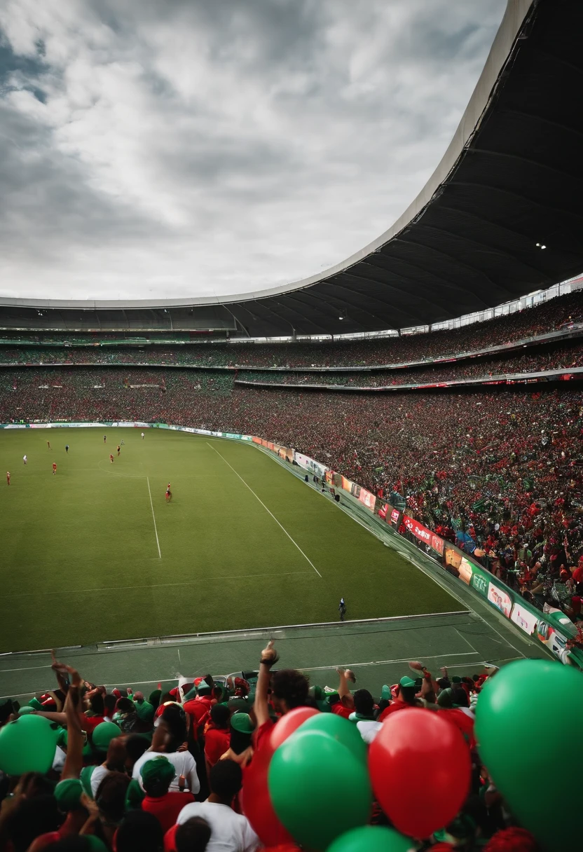 There is a football field with a large crowd of people watching, the stadium has a full crowd, inflatable balloons in the hands with the colors red, preto e verde em segundo plano, arquibancadas lotadas, atmosfera alegria, the crowd is cheering, stadium full of people, happy crowd, cores da torcida devem ser vermelho, preto e verde.