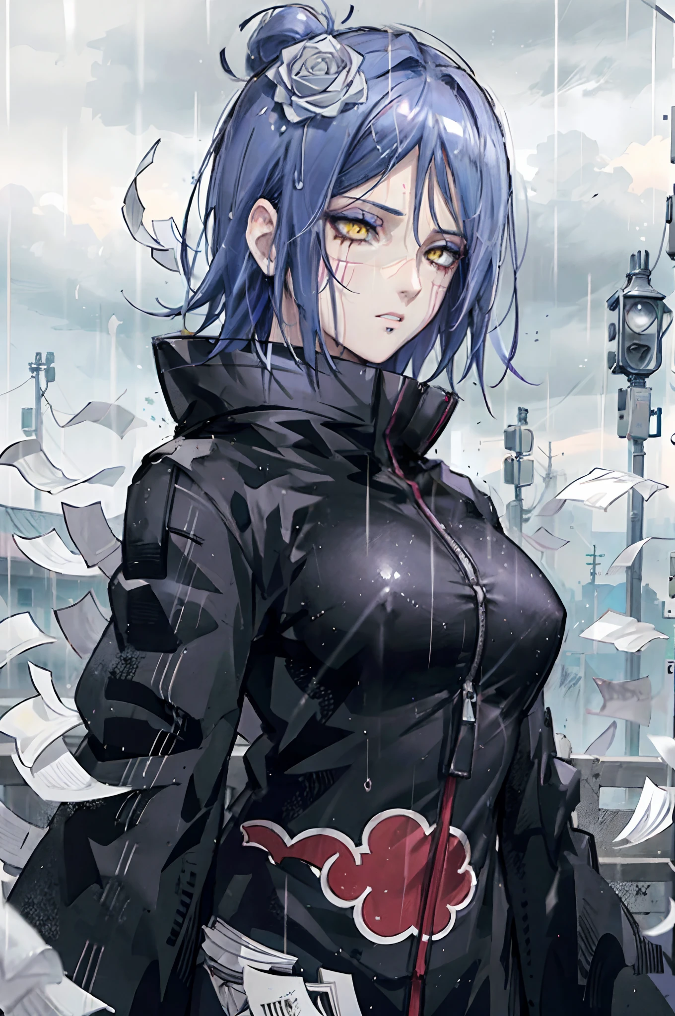 konan (naruto), 1girl, solo, breasts, yellow_eyes, upper_body, looking_to_the_side, makeup, zipper, rain, paper, nose, open clothes, paper jutsu, upper body, akatsuki outfit, labret piercing