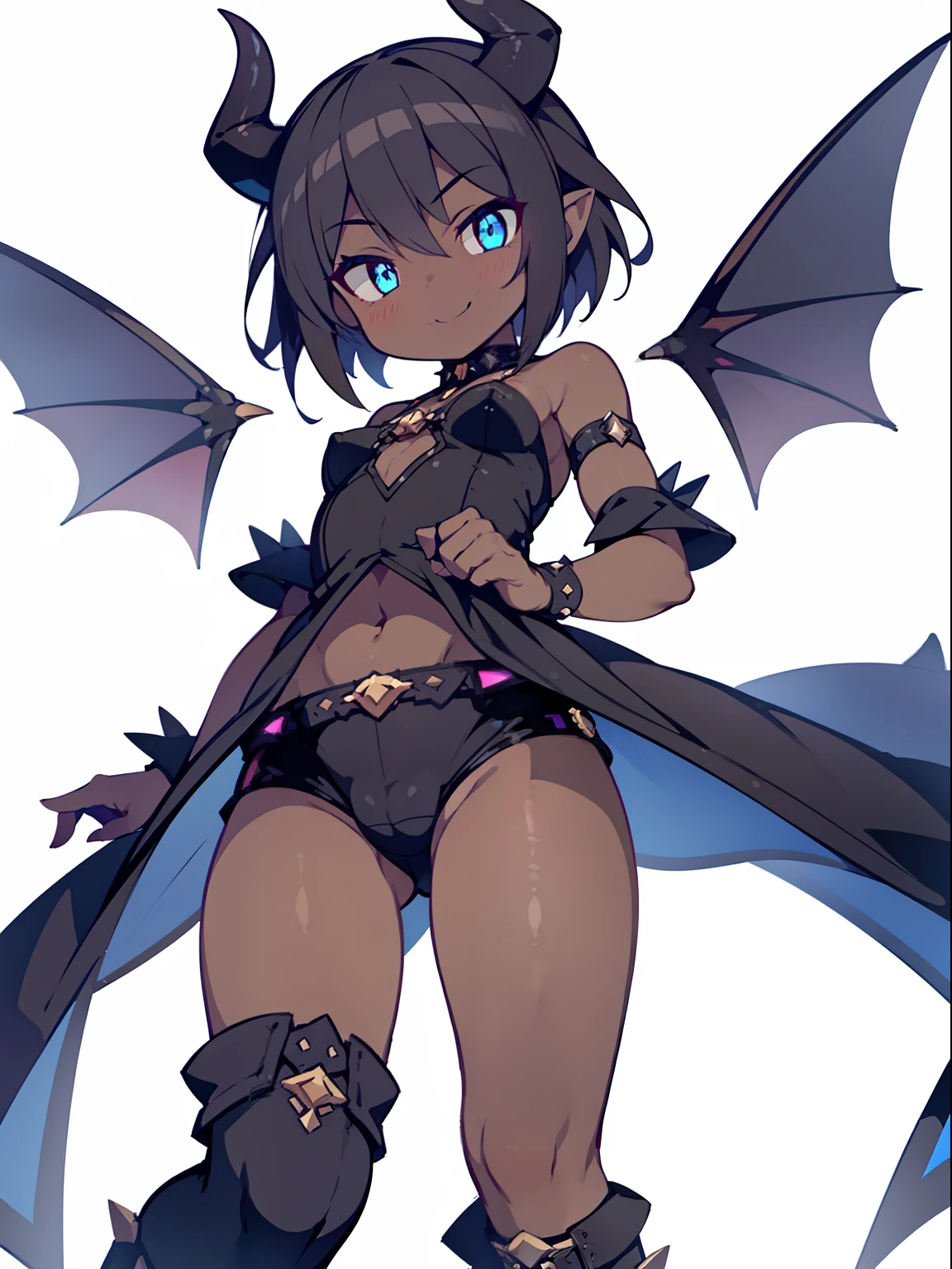 (1 son's daughter:1.2), (Solo:1.2), nffsw、Shaders、Brilliant Textured Work、Ultra-detailed eyes、ultra-intricate pupil in eyes、top-quality、Succubus clothes、Succubus Wings、Succubus tail、Succubus horns、Succubus Boots、(dark skin:1.3)、Dark hair、shorth hair、spiked hair、sadistic smile、despise、Looking down here、from below、Black Hot Pants、bulge in the crotch area、NSFW、tom boy、涎、Fantasy Inn、
