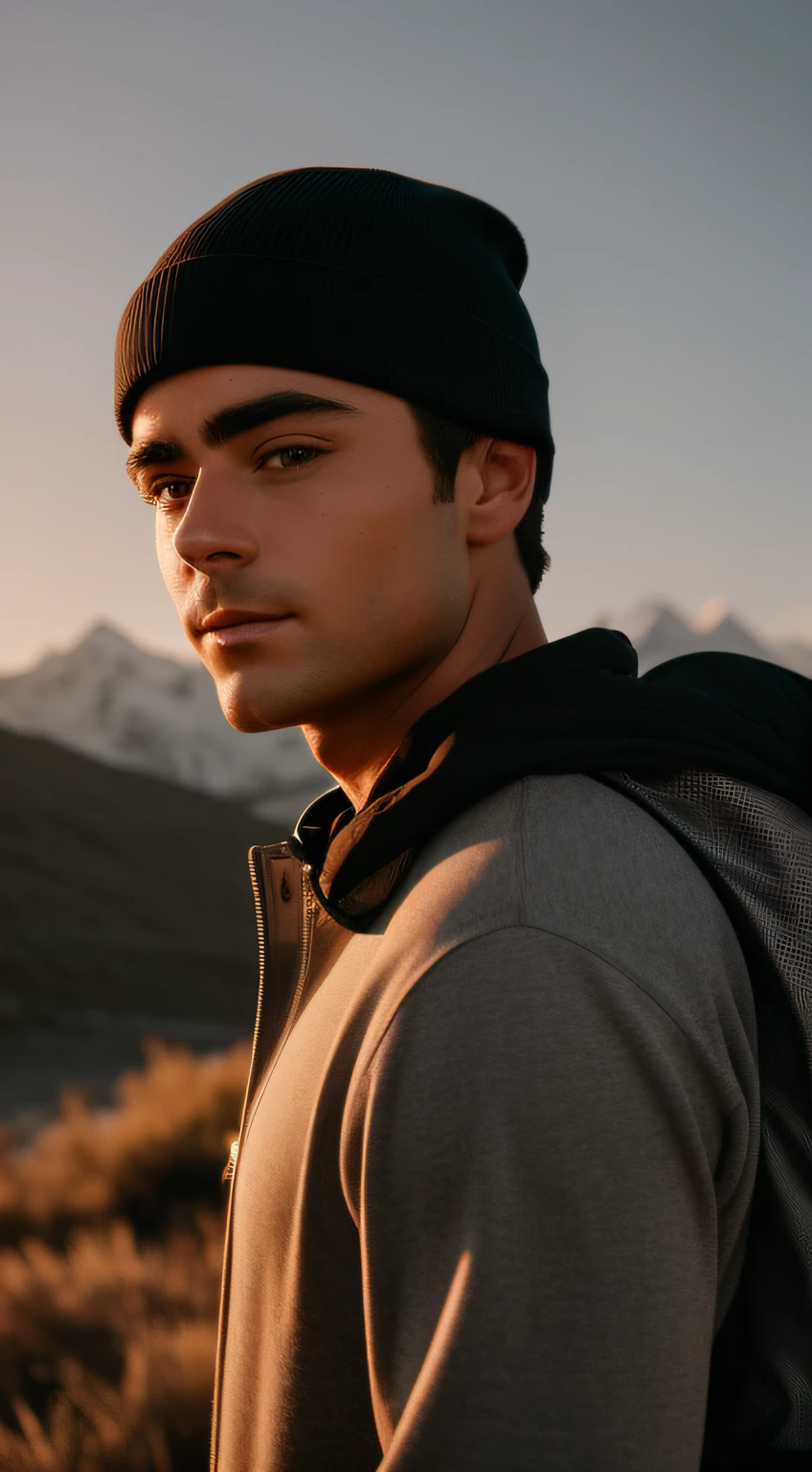 male portrait, beautiful face, perfect face, deliberate, masterpiece, best quality, highest quality, cinematic lighting, very beautiful, ultra realistic, beautiful, outdoors, (night), mountains, nature, (stars, moon) cheerful, happy, backpack, sleeping bag, camping stove, water bottle, mountain boots, gloves, sweater, hat, flashlight, forest, rocks, river, wood, smoke, shadows, contrast, clear sky, analog style (look at viewer:1.2) (skin texture) (film grain:1.3), (warm hue, warm tone:1.2), close up, Zac efron, cinematic light, sidelighting, ultra high res, best shadow, RAW, upper body, wearing pullover