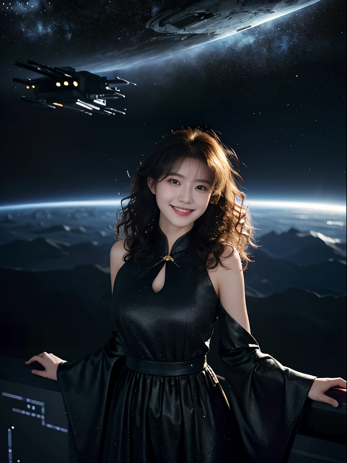 Best quality at best,tmasterpiece,1 Smiling girl,messy hair,curly_Hair,(Dark V color dress),big breast,Space landscape,Spaceship,RAW photogr,超高分辨率,highest details,复杂,Cinematic lighting effects,Panoramic shots,