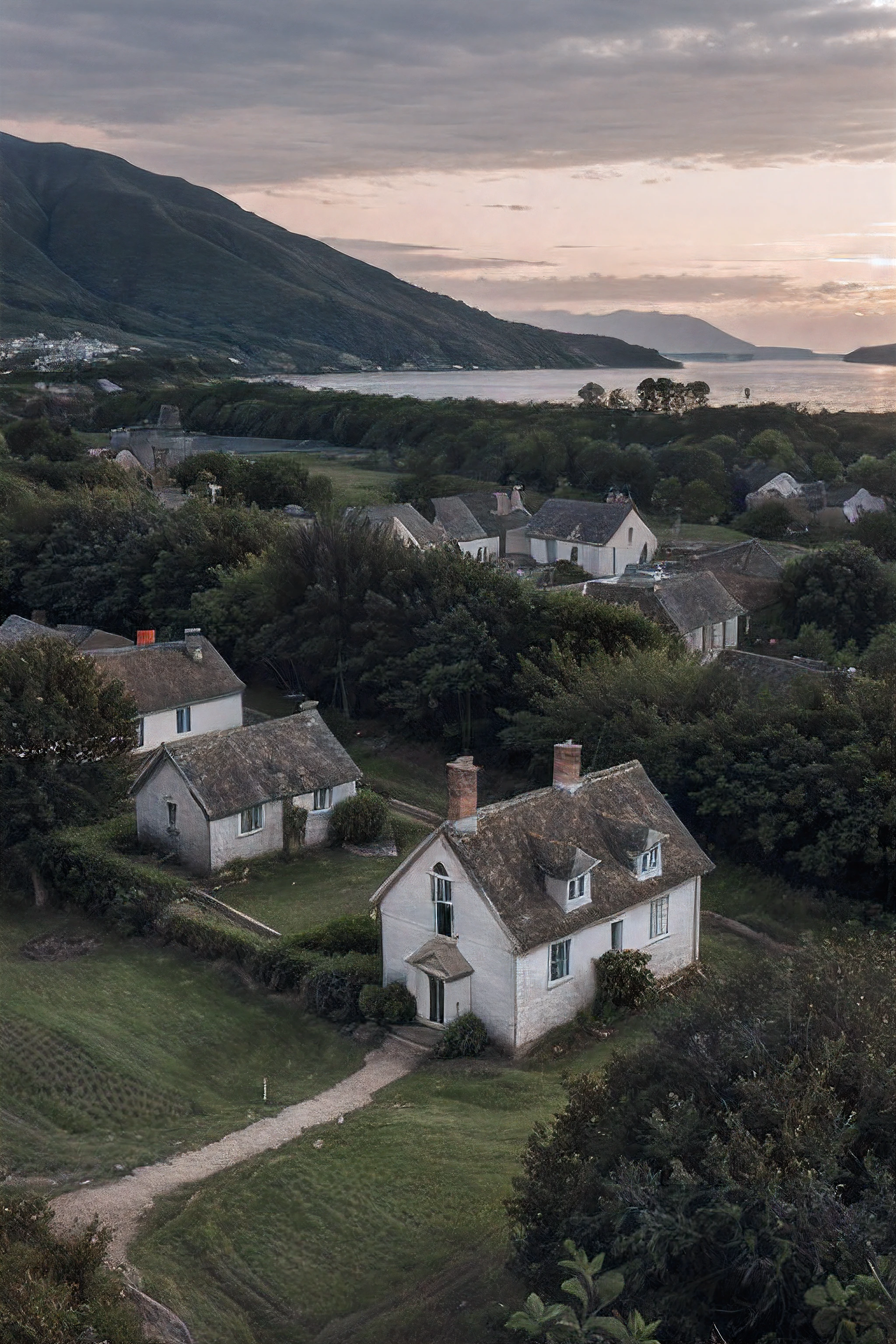 (retouched:1.6), photo of house in lonely village (on hill), on an island