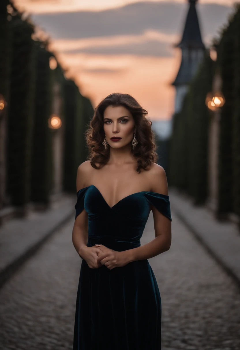 corps entier, wide-angle photo close-up portrait of the body of a beautiful woman, Grand et en forme, (40 ans:1.1) , long brown hair and a little curly:1.5). (Tight midi dress in dark blue velvet:1.3). (posing outside the mansion with a luxury car:1.1),Cold and dark sunset at dusk, (Edge Light:1.1),(Concentrez-vous sur les yeux), (Regard fier), (hard light on the skin:1.2), (ombres dures, dark themed, Contraste profond:1.1), (photographie de portrait par Annie Liebovitz), Dark mint theme and choral aesthetics, (skin imperfections)