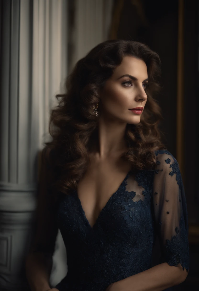 corps entier, wide-angle photo close-up portrait of the body of a beautiful woman, Grand et en forme, (40 ans:1.1) , long brown hair and a little curly:1.5). (Tight midi dress in dark blue velvet:1.3). (posing outside the mansion with a luxury car:1.1),Cold and dark sunset at dusk, (Edge Light:1.1),(Concentrez-vous sur les yeux), (Regard fier), (hard light on the skin:1.2), (ombres dures, dark themed, Contraste profond:1.1), (photographie de portrait par Annie Liebovitz), Dark mint theme and choral aesthetics, (skin imperfections)