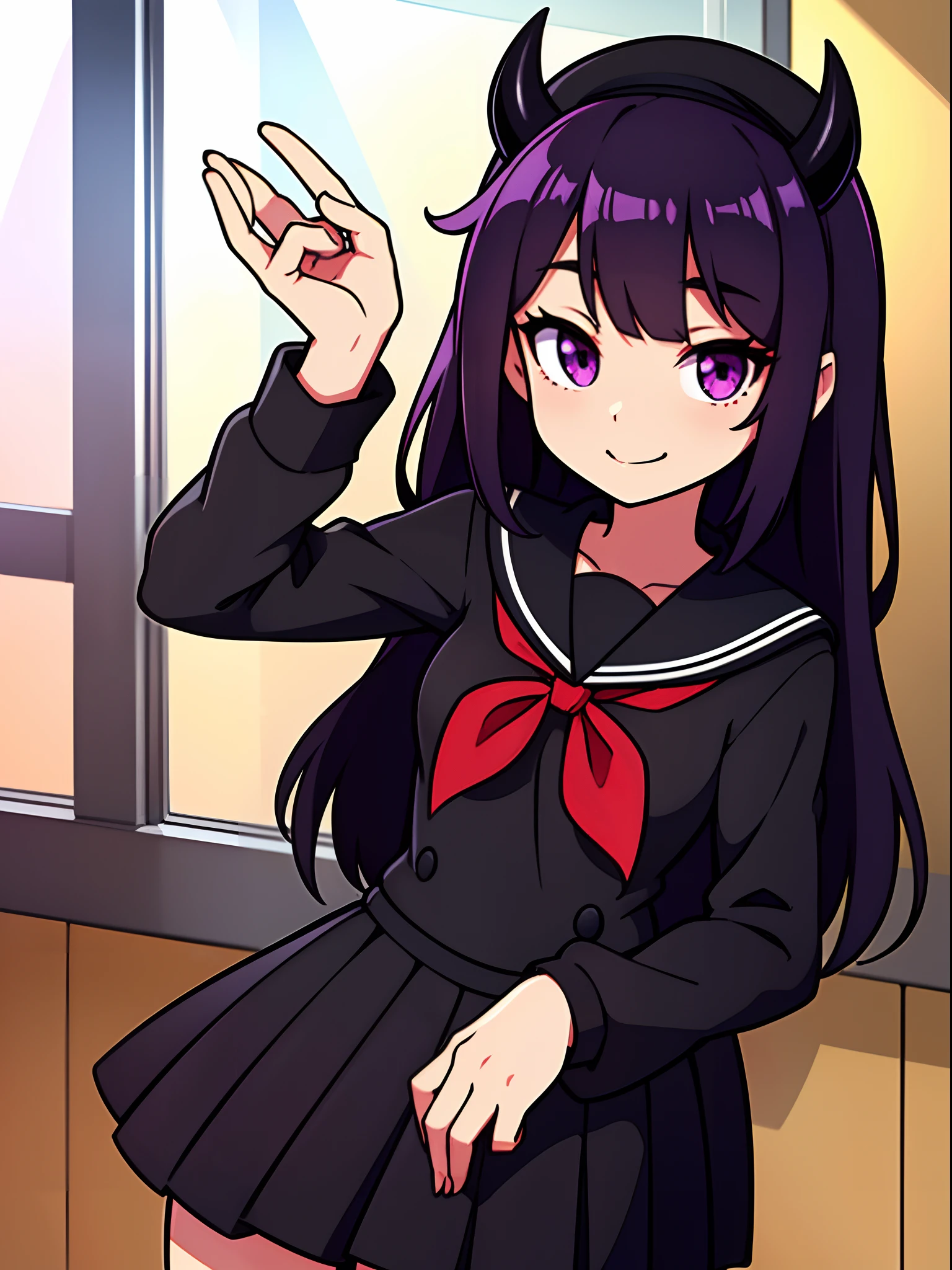 1girl, Black hair, Longhaire, Black sailor suits, Black sailor suit skirt, Beautiful, Straight, ssmile、(school classrooms:1.2, early evening、Sunlight coming in through the window、sexypose、is standing, Purple eyes, Black Beret, mini demon horns