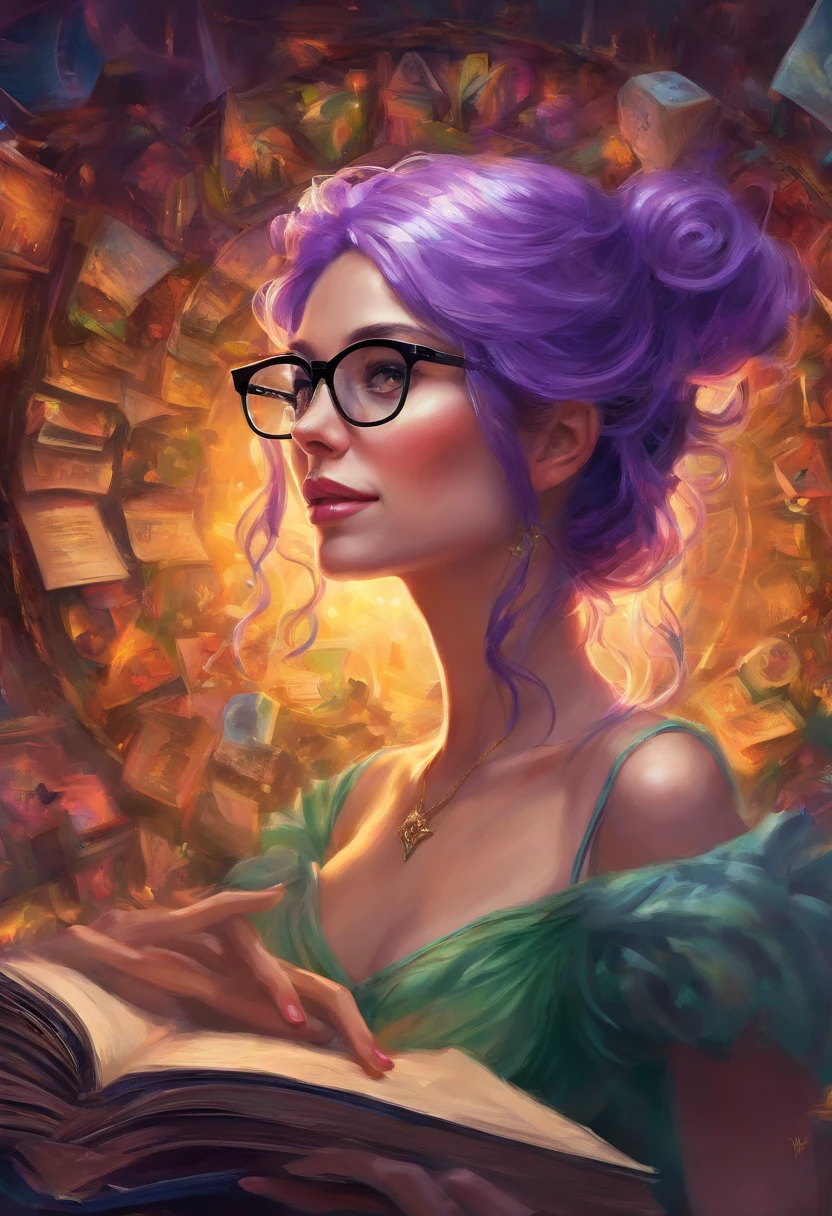 Quality first,masterpiece in detail,30 year old beautiful woman wearing glasses, purple hair, green eyes,Be a teacher,sportrait,closeup cleavage,in class room,books,Rich in color, smile,
