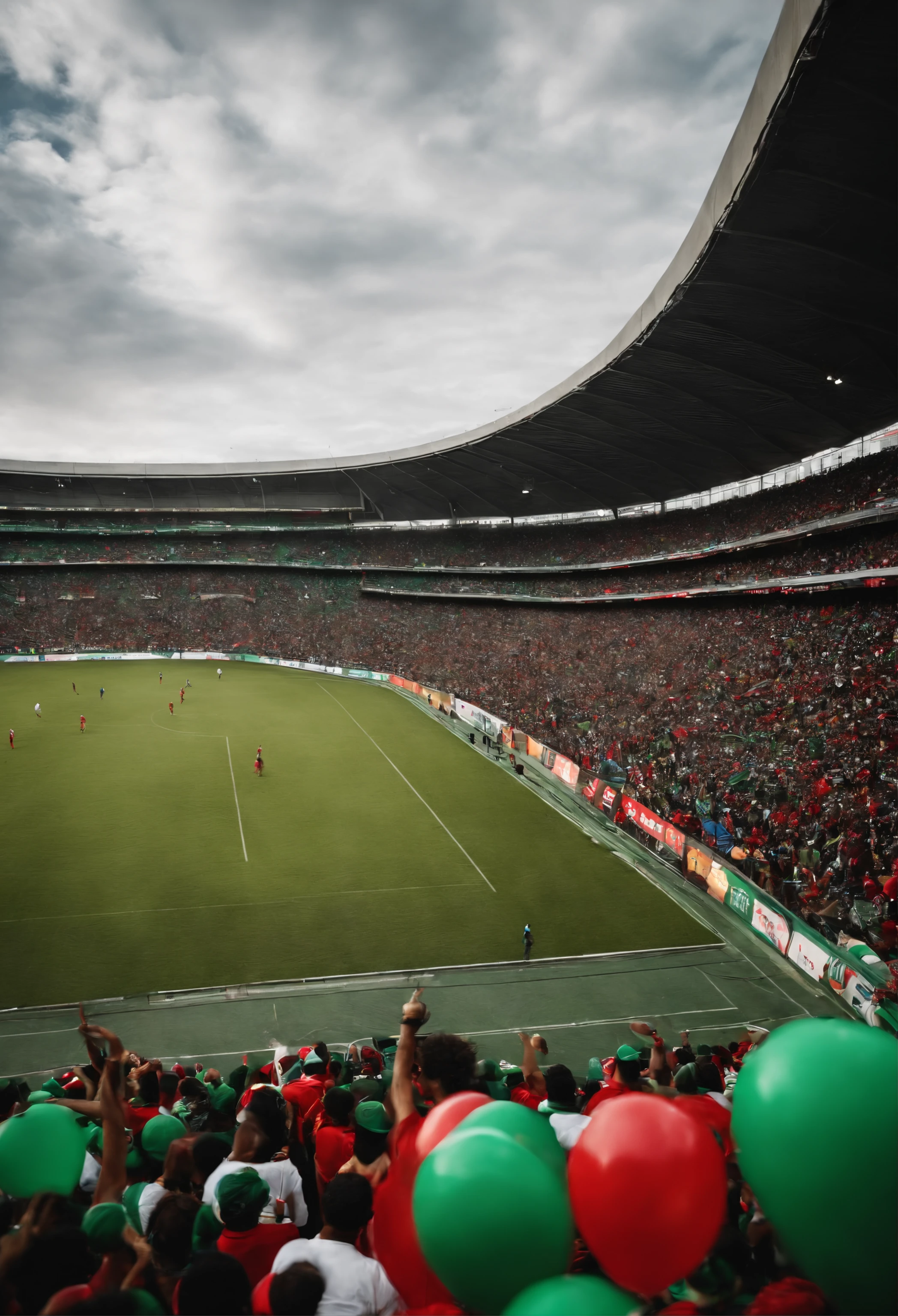 There is a football field with a large crowd of people watching, the stadium has a full crowd, inflatable balloons in the hands with the colors red, preto e verde em segundo plano, arquibancadas lotadas, atmosfera alegria, the crowd is cheering, stadium full of people, happy crowd, cores da torcida devem ser vermelho, preto e verde.