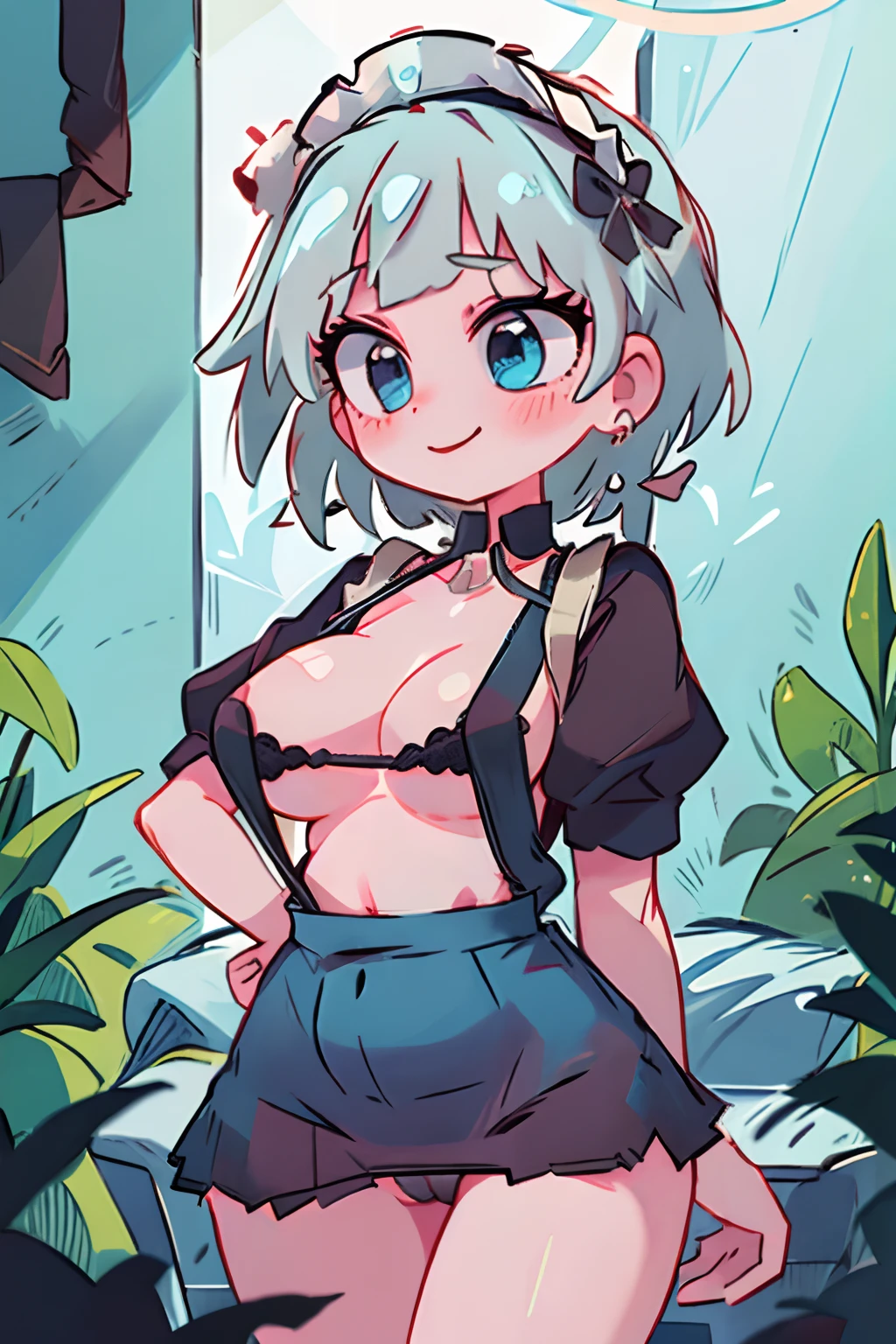 1girl, maid, masterpiece, best quality, girl, grey hair, short hair, blue eyes, medium breasts, indoors, maid headdress, maid, maid apron, wrist cuffs, smile, own hands together, hands behind back, smile, thick thighs, large breasts, from below, black lace bra, bra peek, pointy breasts, wide hips, thigh gap, magically pregnant, covered pregnant belly under skirt, outie belly button, covered belly button, (18+), thin waist, big ass, panties peek beneath skirt, black choker, wearing choker, goddess of fertility in disguise, goddess, glowing eyes,