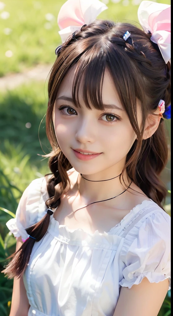 one girl, (a beauty girl, delicate girl:1.3), (14 years old:1.3),
break, (spring, Colorful clothes:1.3),
break, (amusement park:1.3), (Cherry blossoms fall:1.3), (wool gloves), perfectly trimmed fingers,
break, Extremely fine resolution, (Symmetrical eyes:1.3),
break, Small breasts, Brown eyes, parted bangs, brown hair,  girl,
break, (Eye and facial details:1.0), (Get closer to the face, Make your face bigger, Face Focus:1.0),Face close-up,
break, (masterpiece, highest quality, Very detailed, Detailed face, 8k),SakuraFubuki,Cherry blossom petals,smile,Random Pause、blue eyes、white gloves,ponytail、SakuraFubuki、gloves、break,look back,smile、closeup shot , (masterpiece、highest quality、Official Art:1.2)、(colorful)、Seeing the viewer、1 girl、Portraiture、alone、Colorful floating objects 、peekaboo、touching hair、balloon、amusement park、festival、White dress、Hurrah!、bye bye、Random pose