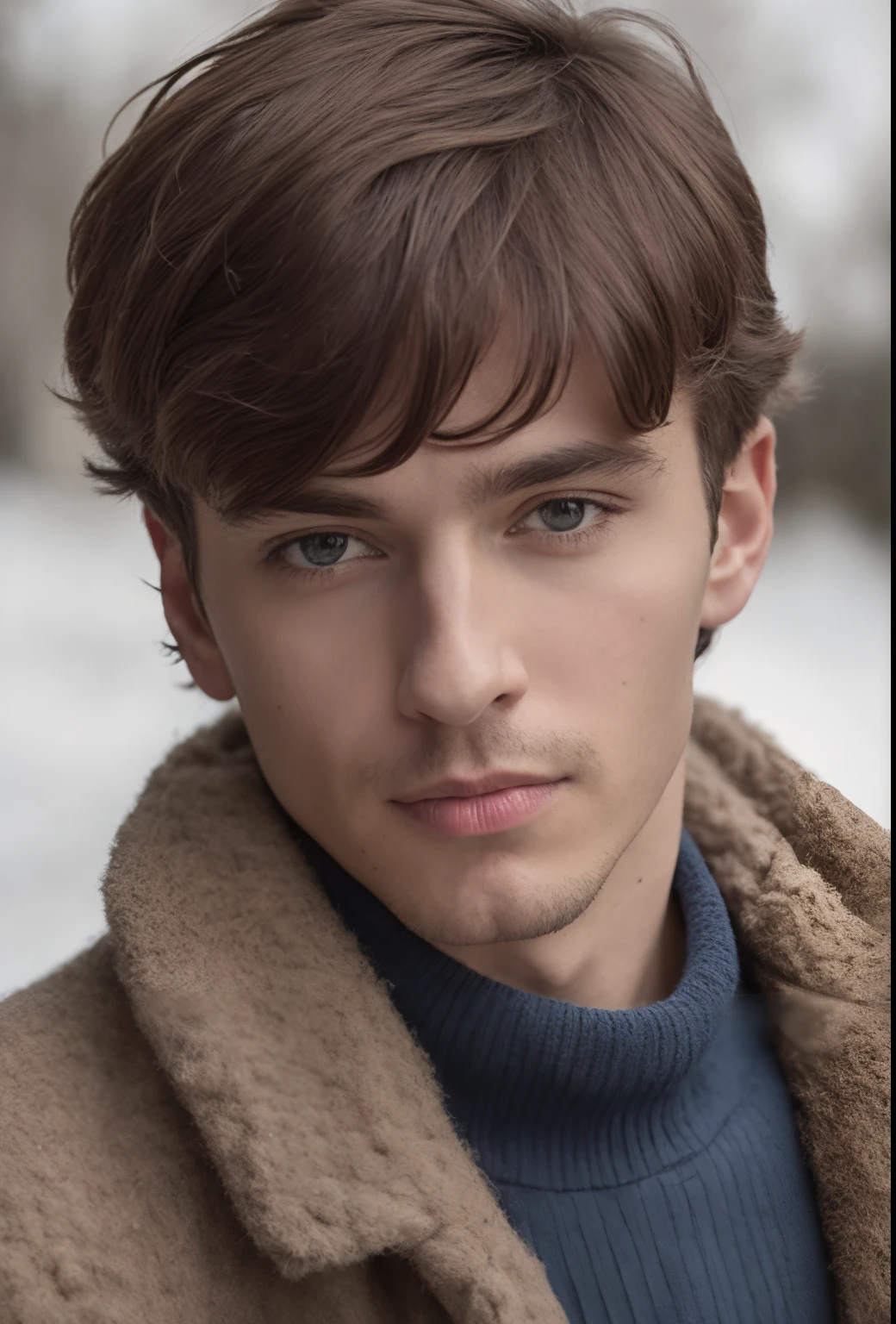 Alafed man in brown coat and blue sweater poses for photo, soft portrait shot 8 k, Sergey Zabelin, close-up portrait shot, close up portrait photo, mid shot portrait, by Raphaël Collin, editorial portrait, closeup portrait shot, Closeup portrait of a man, portrait of beautiful young man, aleksander rostov