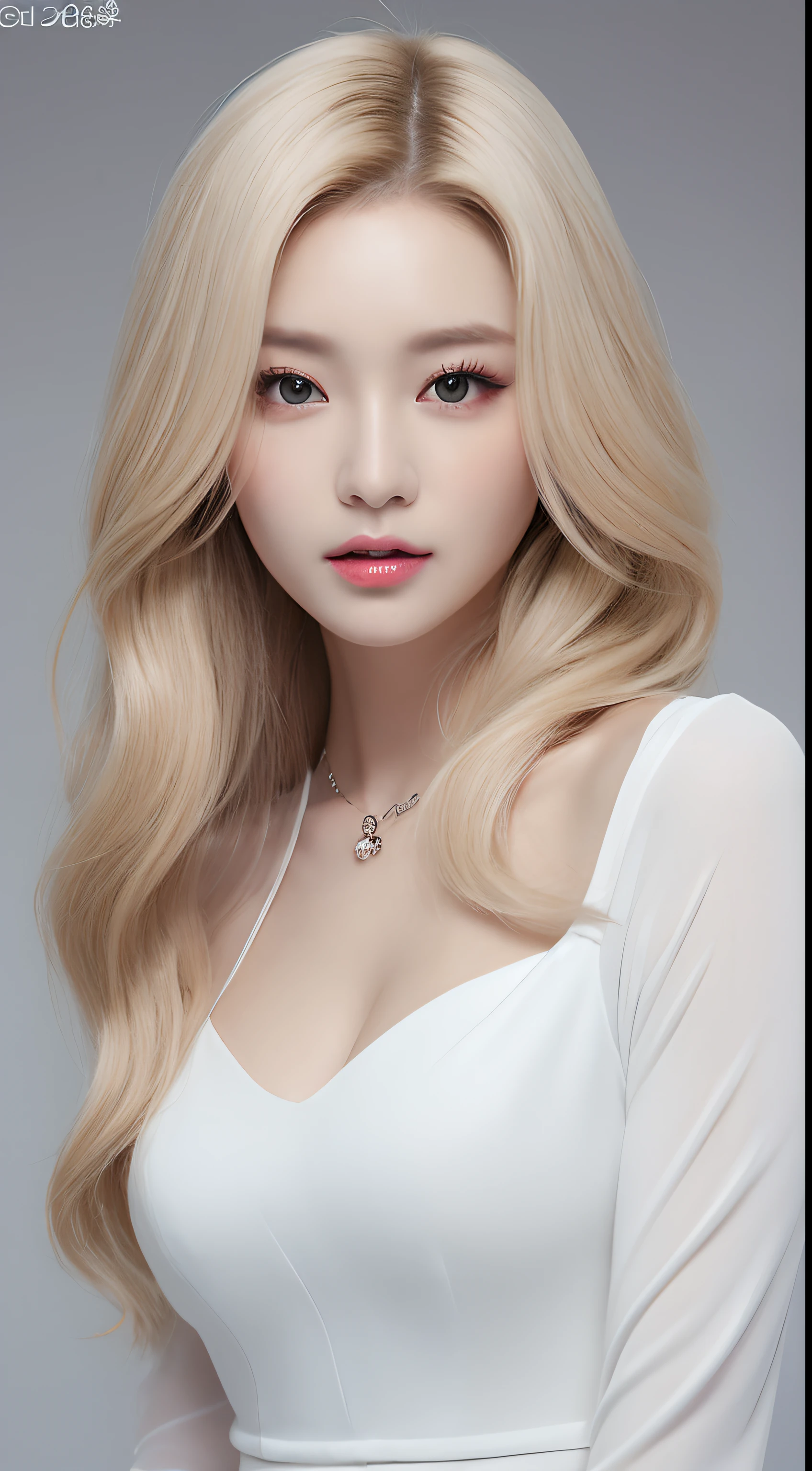 ((Realistic lighting、top-quality、8K、​masterpiece:1.3))、Clear focus:1.2、1girl in、flawless beauty:1.4、slim((blonde  hair))、Neat and clean clothing、One-piece clothes、Superfine Face、Narrow-eyed、二重まぶた、lighting like a movie、photos realistic、28 year old、Straight hair、Face like a K-pop idol、white backgrounid、Gray background、Mature Woman、Classy makeup、Light hair color Blonde、Angle of pull、