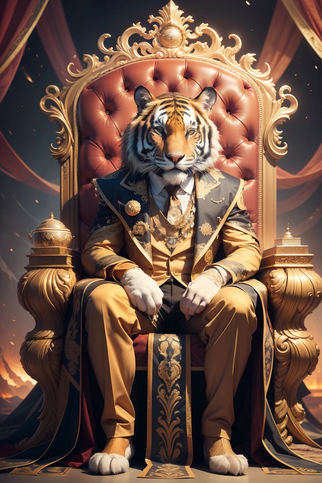 Craft an extraordinary and surreal photo manipulation featuring a majestic Malayan tiger dressed in a sharp suit, seated on a grand throne. Push the boundaries of imagination to create a unique and captivating artwork. Combine realistic elements like the tiger and the suit with a touch of fantasy to infuse an otherworldly, cool, and unusual atmosphere. Experiment with lighting, color grading, and texture overlays to enhance the enigmatic and regal presence of the tiger on its throne. This artwork should evoke a sense of awe, wonder, and intrigue in viewers