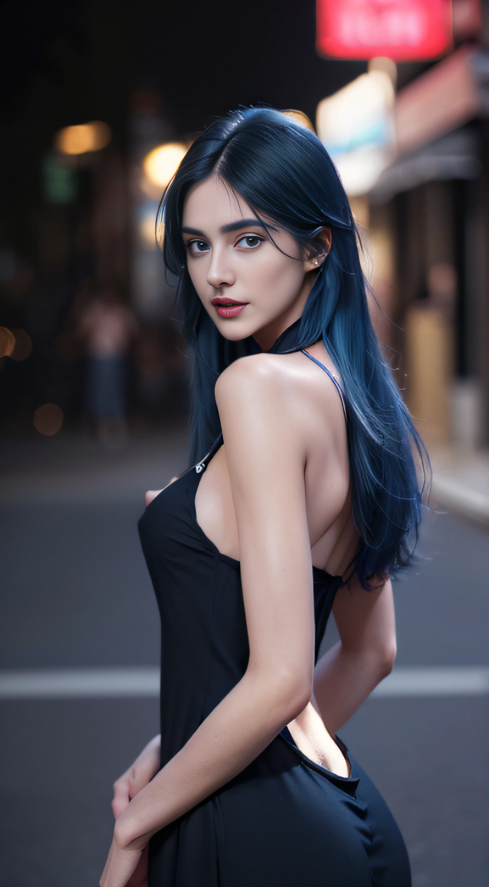 8K, Top Quality, Real Images, Intricate Details, Ultra Detail, Ultra High Resolution, Masterpiece, realistic, photorealistic, (complex details: 1.2), (delicate details), (cinematic light), (( full body)), (((areola slip, sideboob, underboob, undershirt))), ((small and beautiful hard nipple)), feminine and sexy posture, Slender, Smile, (Makeup: 0.4), (Fluffy blue Eyes: 1.21), blue Eyes, ((full body)), 1girl, solo, 1 girl, (( full body)), ((close up shot)), ((tall)), (((fit body))), (((detailed face, realistic face, slim face, sharp face, sharp eyes, small lips half-open strawberry lips, pureerosfaceace_v1))), (((blue hair, long hair, )) , ((black maxi dress)), Top quality, , clear lines, sharp focus, realistic face, detailed breast, big ass, large ass, big ass, Beautiful girl with accentuated slender abs: 1.4, Six Pack Abs: 1.4, Bust Botox, Big, Perfect Body, detail leg, Unity 8K wallpaper, ultra high definition, (photorealistic: 1.4), (Neon, On street:1.1)