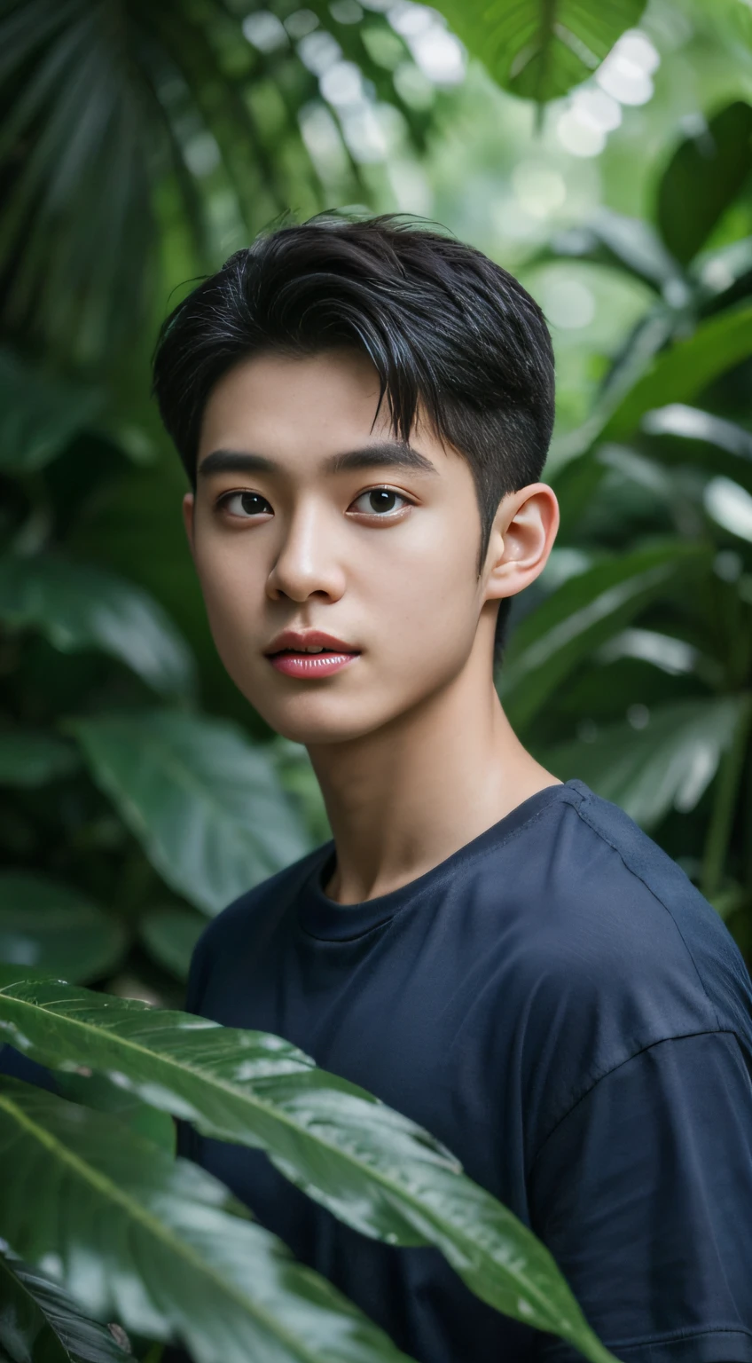 twincest，In the rainforest，1 boy，20yr old，Leaf background，musculature，Bright eyes, Blue short sleeves，Photorealistic feeling, Masterpiece, hyper HD, Textured skin,, Super detail, Best quality, High quality, A high resolution, 8K