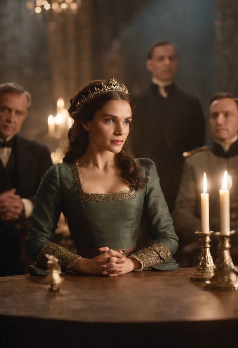 A woman standing with a huge weapon of war in her hand, Behind her is her family sitting at a large table, the background image of the family is blurred the woman is facing and when her family is at the back of the image, Perfection of great quality in masterpiece of extraordinary detail