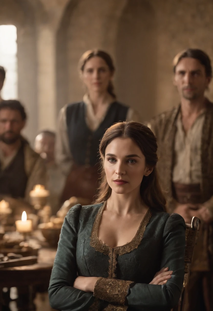 A woman standing with a huge weapon of war in her hand, Behind her is her family sitting at a large table, the background image of the family is blurred the woman is facing and when her family is at the back of the image, Perfection of great quality in masterpiece of extraordinary detail