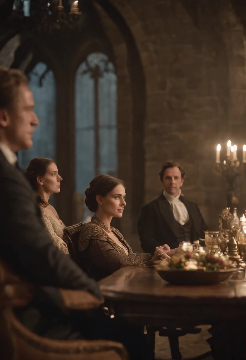 A woman standing with a huge weapon of war in her hand, Behind her is her family sitting at a large table, the background image of the family is blurred the woman is facing and when her family is at the back of the image, Perfection of great quality in masterpiece of extraordinary detail