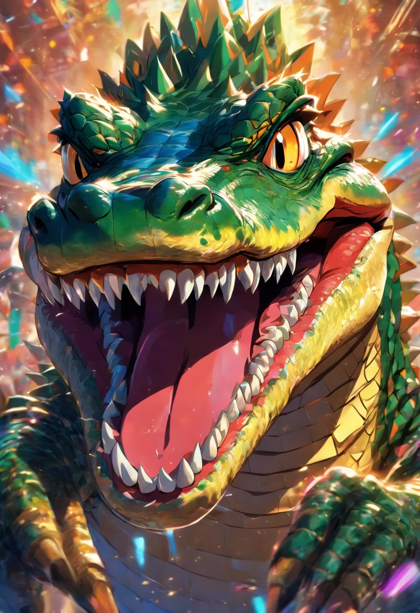 an aligator, using sun glasses, happy, very detailled, colorfull, sharp teeth, thumbs up