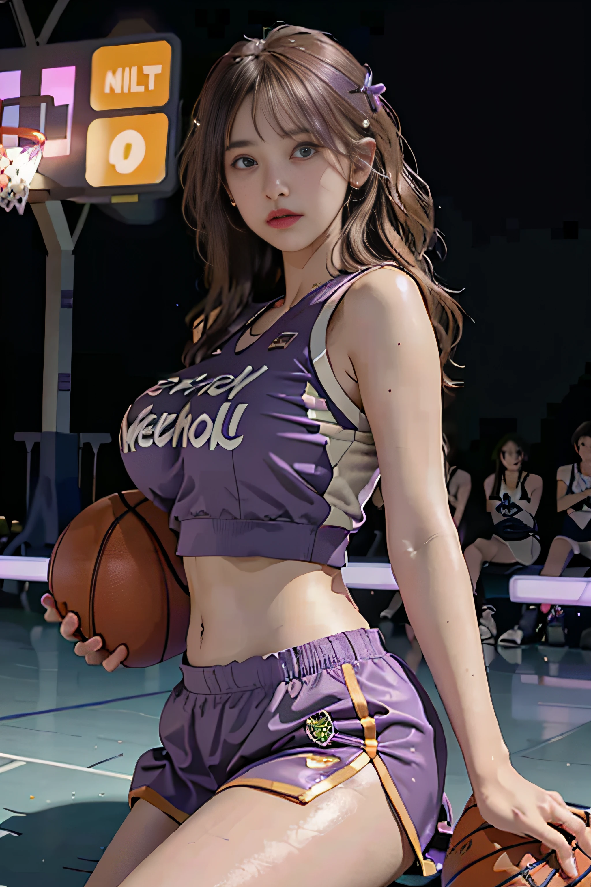top-quality、​masterpiece、超A high resolution、(Photorealsitic:1.4)、Raw photo、1girl in、glowy skin、headset on head、((super realistic details))、portlate、globalillumination、Shadow、octan render、8K、ultrasharp、((delicate body shape))、Future hair ornament、(Basketball Team Uniforms:1.3)、((Colossal tits:1.4))、(skin tanned:1.4)、highly intricate detail、Realistic light、Metal shine、CGSoation Trends、(a purple eye:1.4)、(radiant eyes)、Facing the camera、neon details、sitting on、Cyberpunk background、Small LED lamp、(Purple and green lighting from behind)、(One basketball:1.4)、Basketball court background、