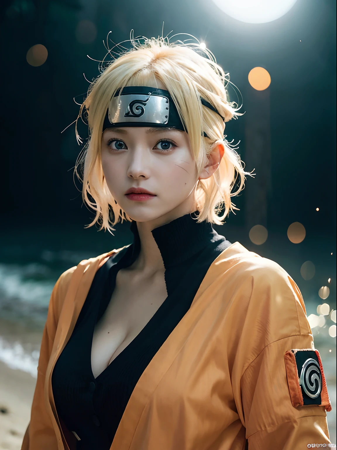 Naruto Uchiha vortex is super real，Plenty of detail，super short blonde hair，（Naruto Uzumaki's clothes：1.3），Orange clothes，Forehead，one girls，Large breasts，cleavage，Be red in the face，best qualtiy，tmasterpiece, Johnny Depp walks across the beach among fireflies at night，foco nítido, Contrast lighting, Delicate skin, High resolution 8K, insanely detaileda, realisticlying, professional photoshoot, 8K UHD, SLR camera, softlighting, hightquality, film grains, FujifilmXT3，Keep one's mouth shut，Particle FX