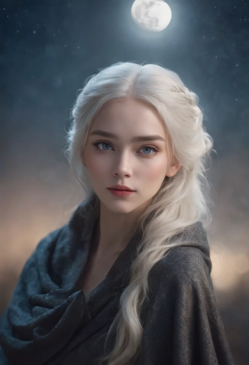 Masterpiece, (Best Quality: 1.2), (Super Fine: 1.2), Illustration, (Extremely Delicate and Beautiful: 1.2), Film Angle, Floating, (Beautiful Detail Eye: 1.1), (Detail Light: 1.1), Film Lights, Delicate Sky, Woman, White Hair, Blue Eyes, (High Ponytail: 1.1), Cloak, Glowing Eyes, (Moon: 1.2), (Moonlight: 1.1), Starry Sky, (Light Particles: 1.1), Fog , snow painting, sketching, blooming