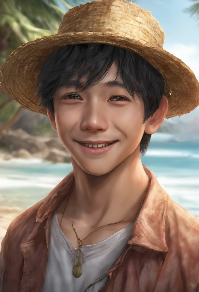 rupee, straw hat, 1Boy, male focus, Solo, has, Black hair, Smile, looking up at viewer, shirt, Sorrisos, scar, Water, Orange Eyes, dirty, open clothes, 鎖骨, White shirt, Short hair