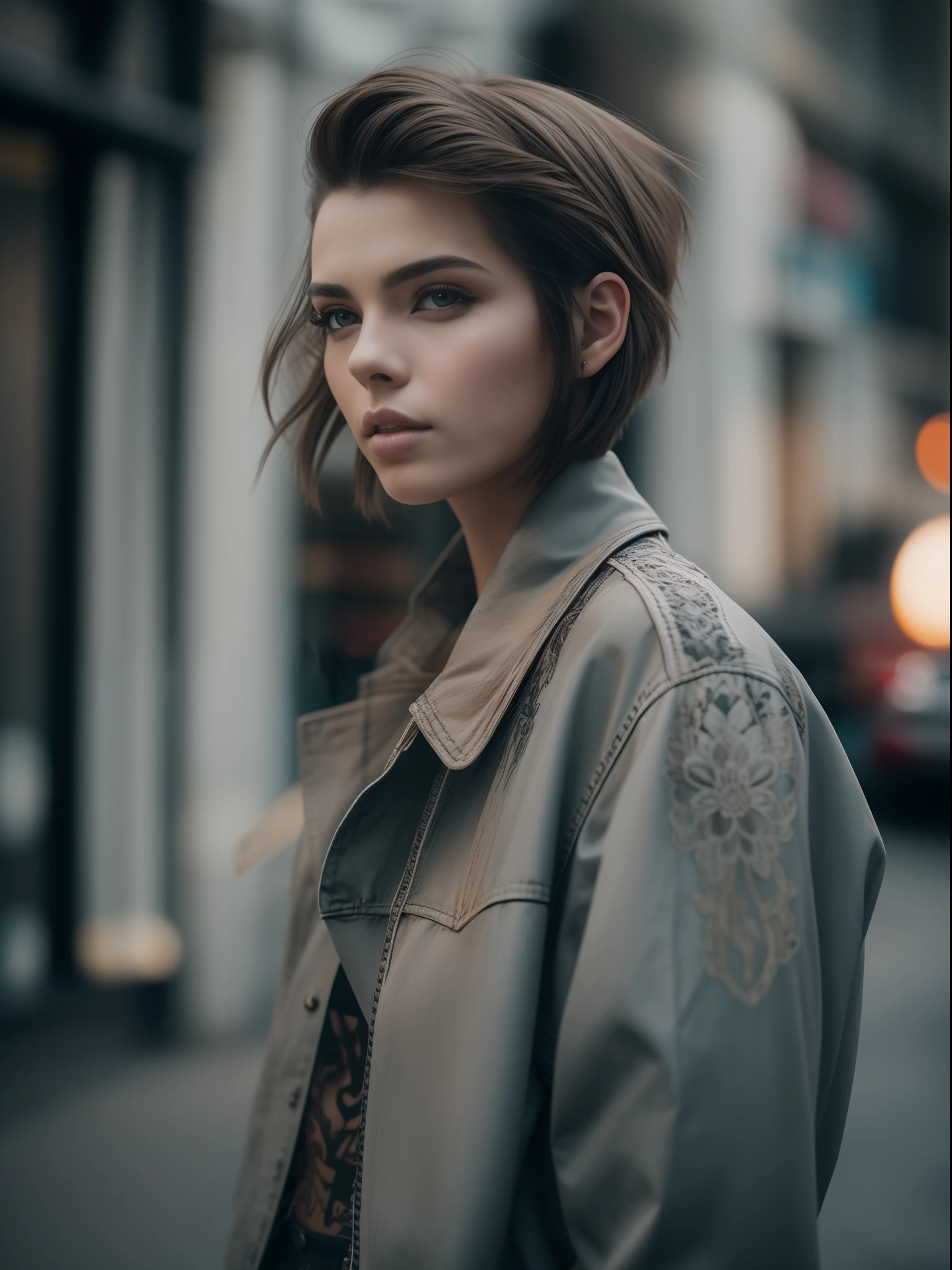 photo portrait, crop haircut, hair-style, Street grunge,  Cover photo, gloss, haute couture, Detailed study, hiquality, 12), 1/4000s, ISO 300, acetate, 85 mm f/ 1.2L