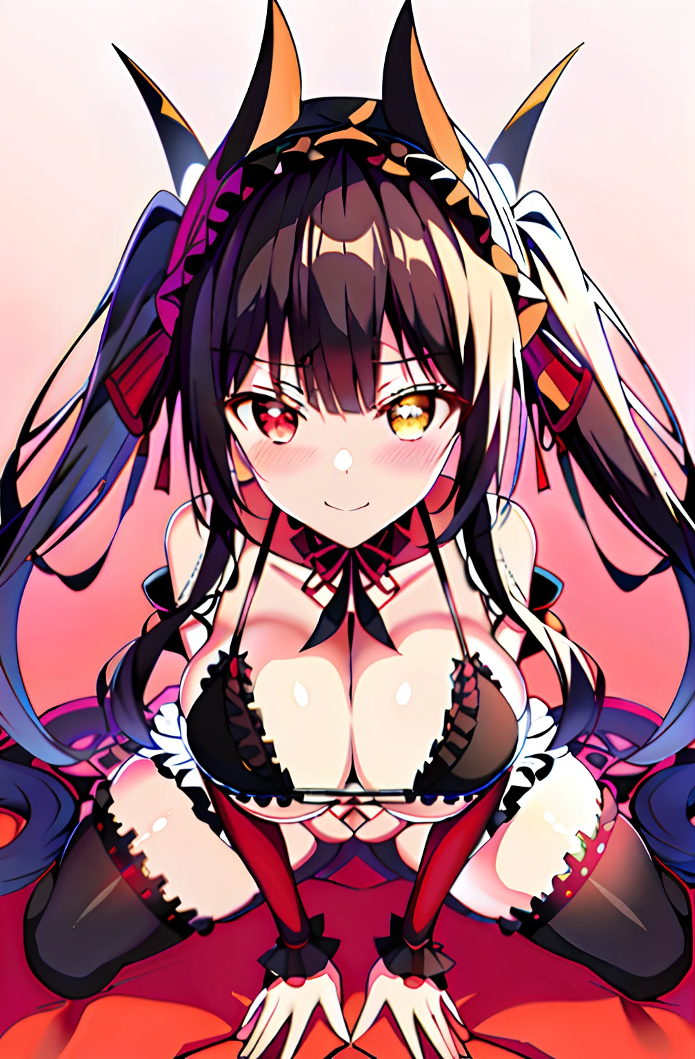 Anime girl long hair and black stockings pose, seductive anime girls, Bikini. background of hell. gore, small curvaceous , Biomechanical OPPAI, dark goddess with six arms, Fine details. anime big breast. Tentacles, ahegao, leering, twintails white_mitts, gapmoe yandere grimdark, noire, author:Hosomura Kane,1girll, (from above view), (cum on breast:1.6)