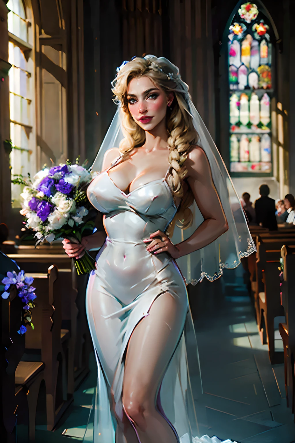 (masterpiece:1.4), (best qualit:1.4), (high resolution:1.4), helga from Atlantis, long hair, white wedding dress, see through dress, huge breasts , cleavage, bouquet of purple flowers, church aisle, wedding, full church, symmetrical, crowd, looking at viewer, big smile, wedding veil, flowers in hair