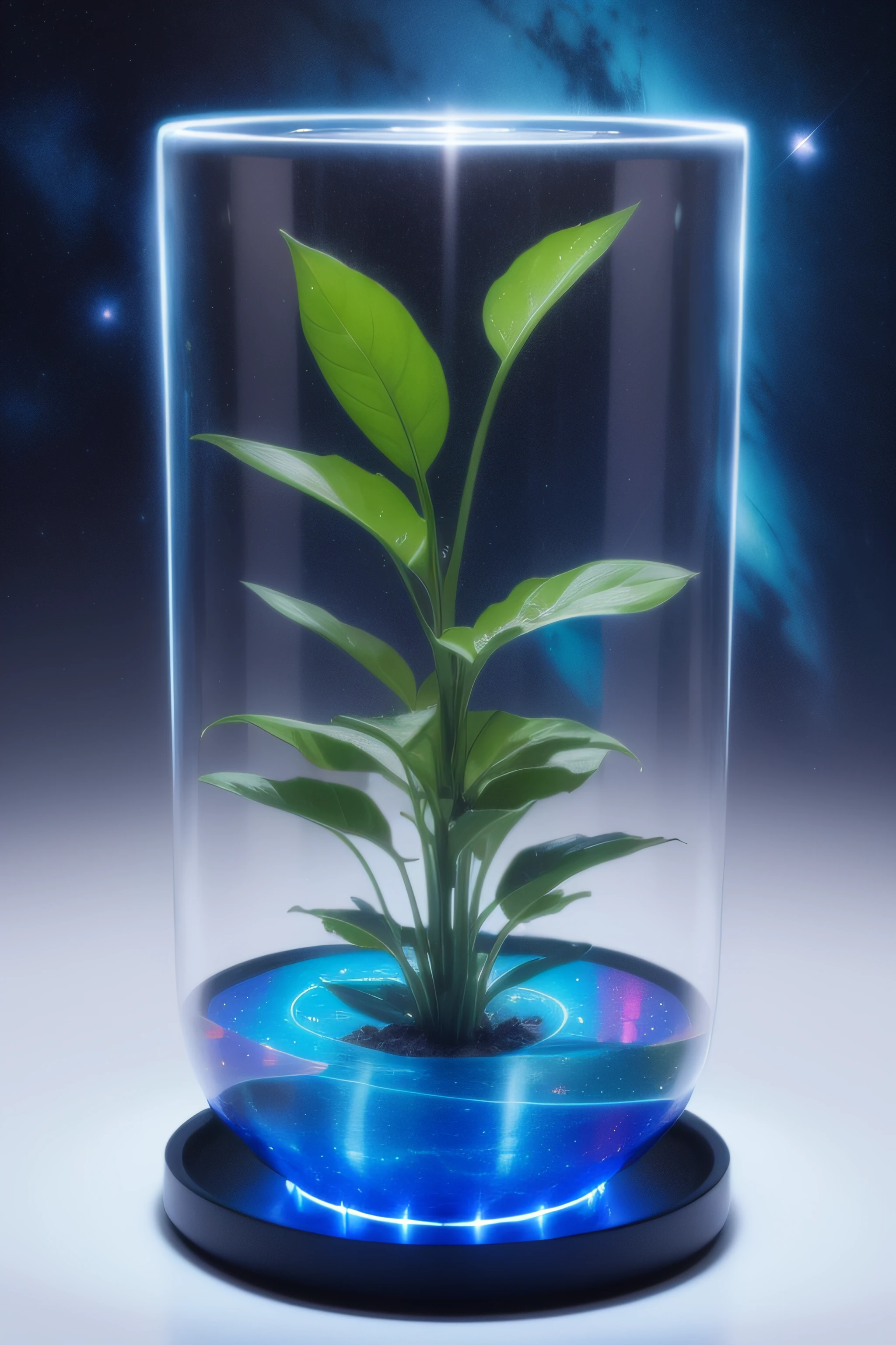 detailed hologram, realistic, blue, glowing outline in the shape of a plant, glass space chamber, deep space, pink and purple cosmic winds, intricate detail, best quality, masterpiece