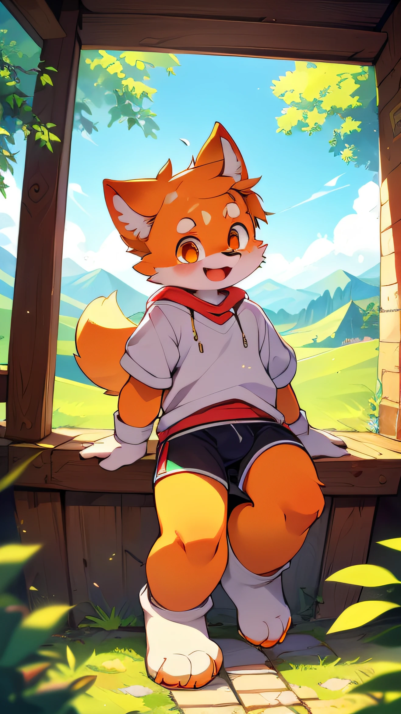 fox boy,Living in a doghouse,Red collar,8K resolution, high resolution,It's bright outside,The weather is bright,One person