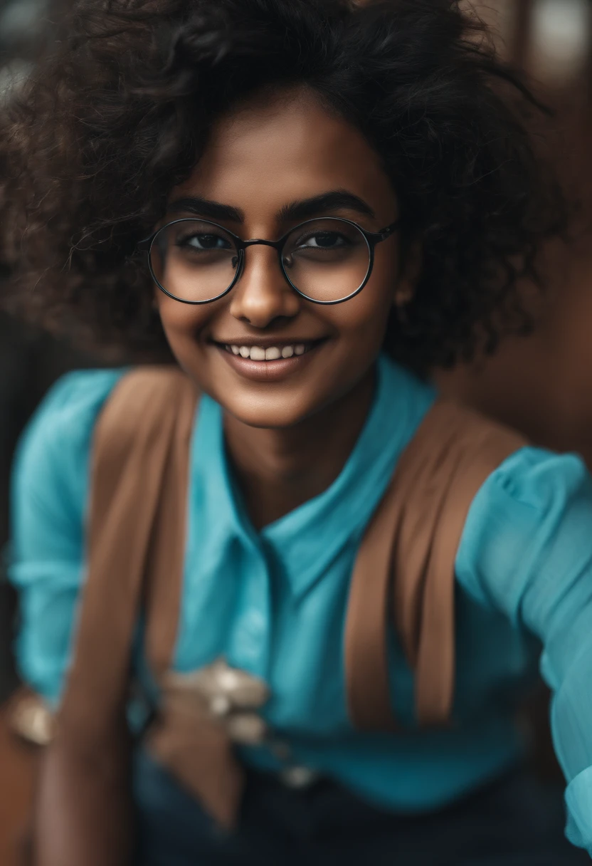 1girl, rounded glasses, big glasses, smiling, looking at the camera, short messy hair, sri lankan dark-skinned, rounded eyes, cyan blue shirt, black shorts, close up, magazine shot, dynamic pose