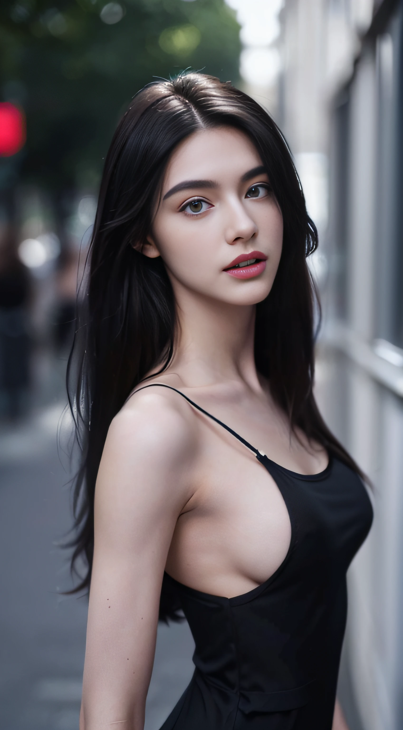 8K, Top Quality, Real Images, Intricate Details, Ultra Detail, Ultra High Resolution, Masterpiece, realistic, photorealistic, (complex details: 1.2), (delicate details), (cinematic light), (( full body)), (((areola slip, sideboob, underboob, undershirt))), ((small and beautiful hard nipple)), feminine and sexy posture, Slender, Smile, (Makeup: 0.4), (Fluffy blue Eyes: 1.21), blue Eyes, ((full body)), 1girl, solo, 1 girl, (( full body)), ((close up shot)), ((tall)), (((fit body))), (((detailed face, realistic face, slim face, sharp face, sharp eyes, small lips half-open strawberry lips, pureerosfaceace_v1))), (((platinum hair , long hair, )) , ((black maxi dress)), Top quality, , clear lines, sharp focus, realistic face, detailed breast, big ass, large ass, big ass, Beautiful girl with accentuated slender abs: 1.4, Six Pack Abs: 1.4, Bust Botox, Big, Perfect Body, detail leg, Unity 8K wallpaper, ultra high definition, (photorealistic: 1.4), (Neon, On street:1.1)