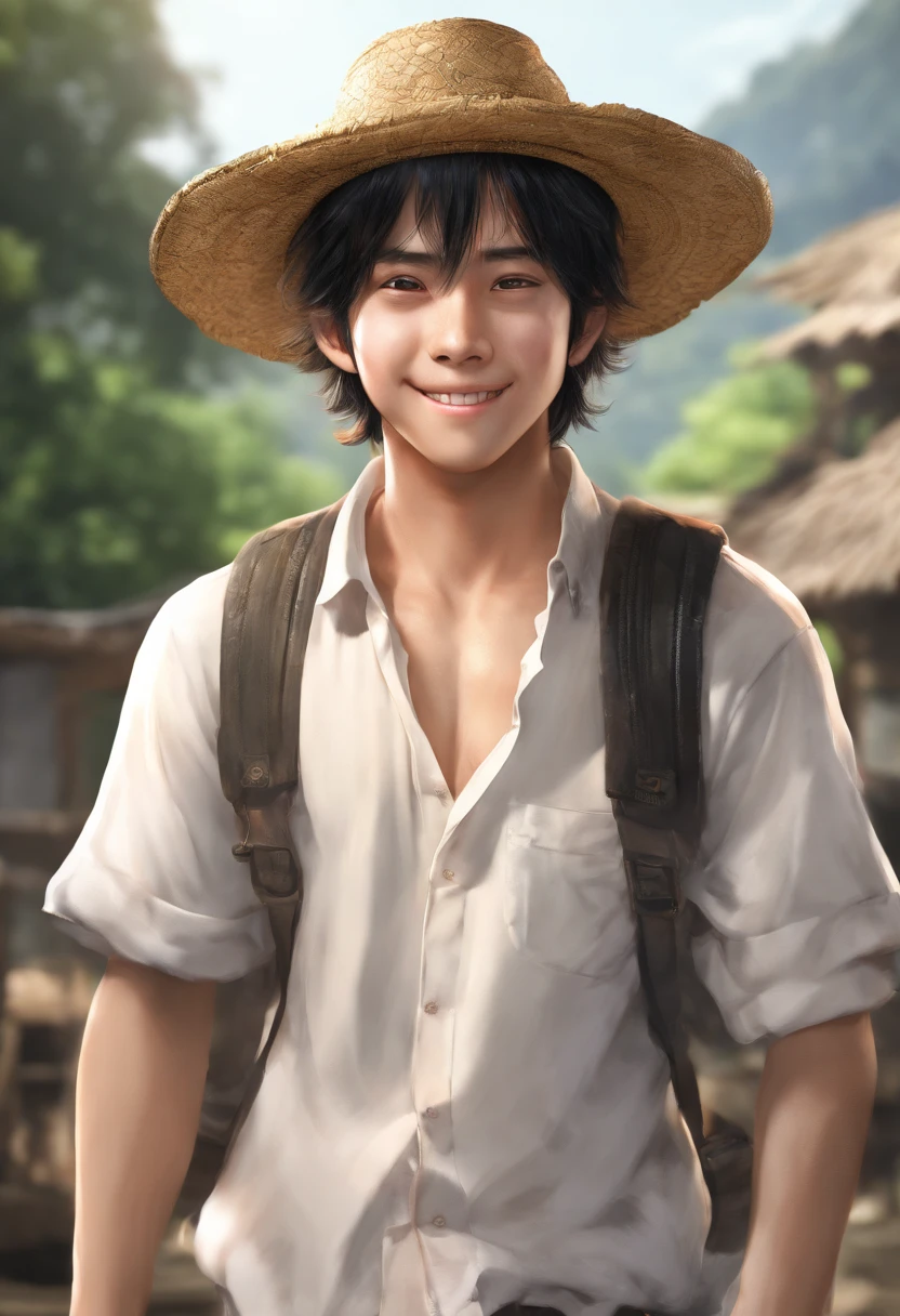 rupee, straw hat, 1Boy, male focus, Solo, has, Black hair, Smile, looking up at viewer, shirt, Sorrisos, scar, Water, Orange Eyes, dirty, open clothes, 鎖骨, White shirt, Short hair