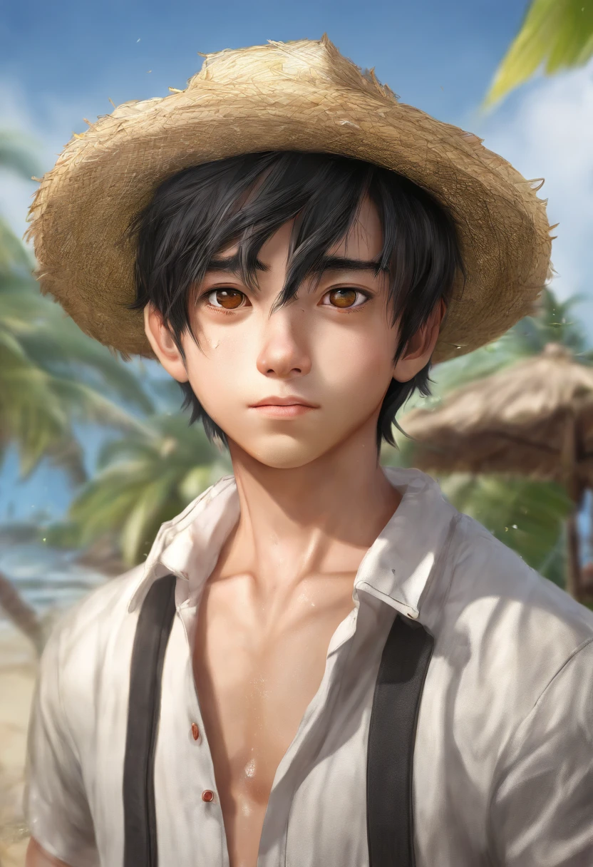 rupee, straw hat, 1Boy, male focus, Solo, has, Black hair, Smile, looking up at viewer, shirt, Sorrisos, scar, Water, Orange Eyes, dirty, open clothes, 鎖骨, White shirt, Short hair