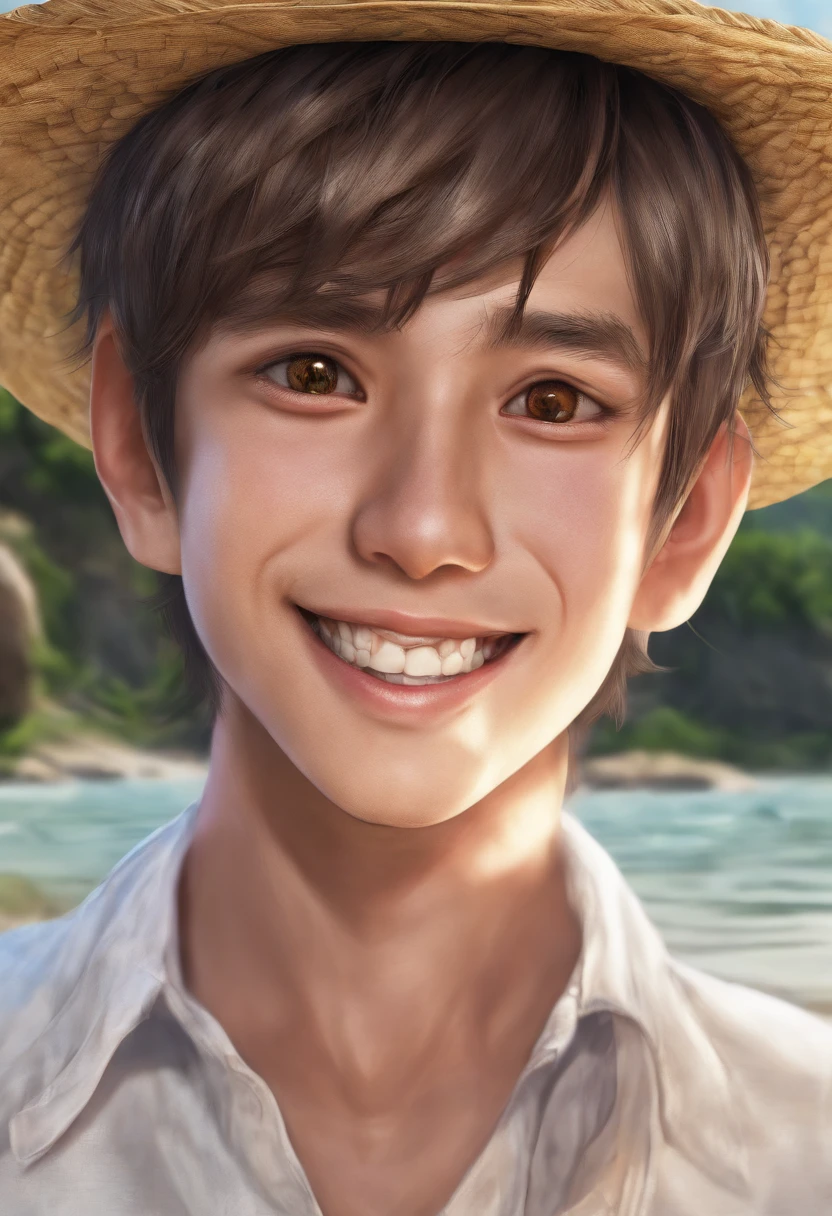 rupee, straw hat, 1Boy, male focus, Solo, has, Black hair, Smile, looking up at viewer, shirt, Sorrisos, scar, Water, Orange Eyes, dirty, open clothes, 鎖骨, White shirt, Short hair