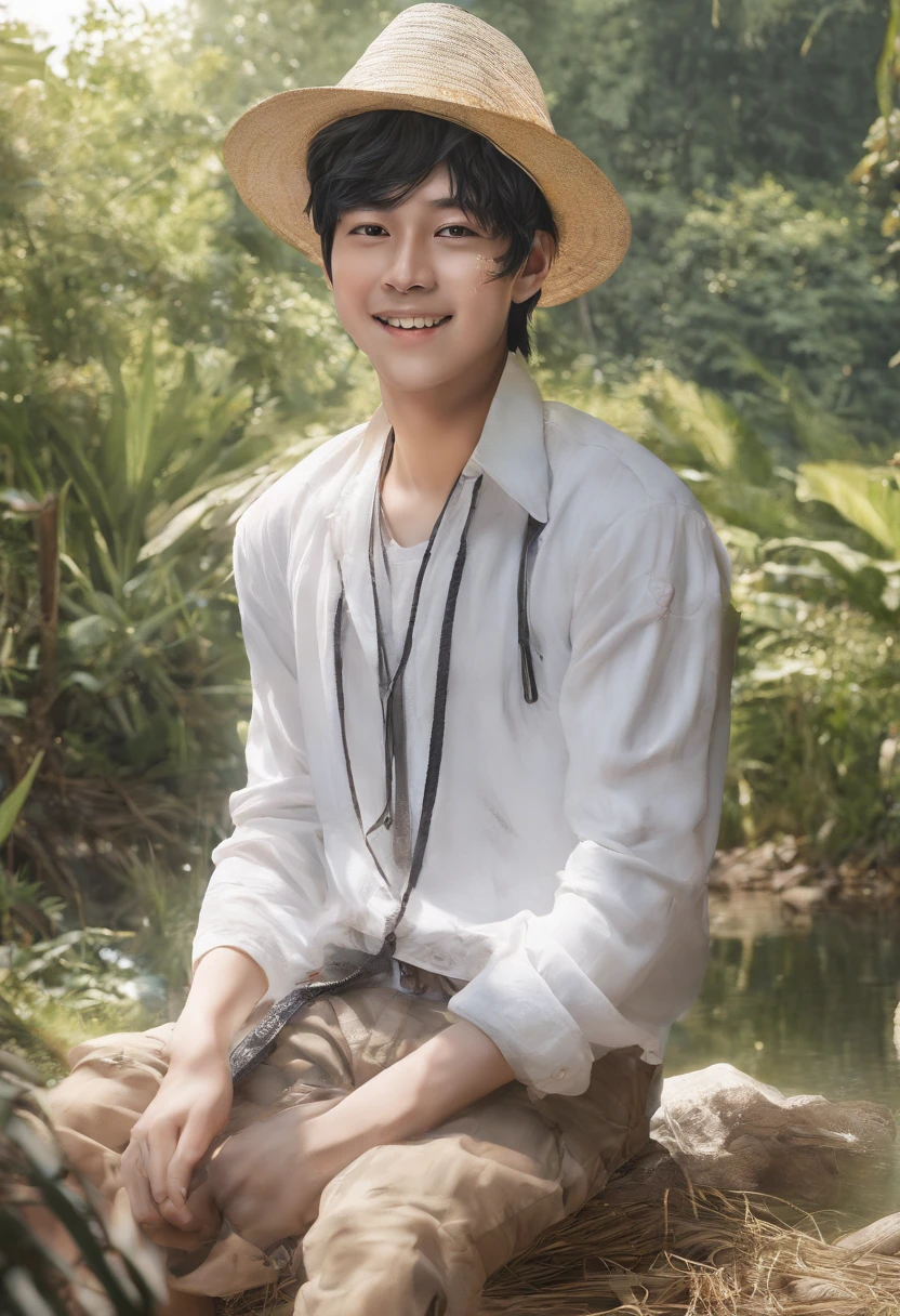 rupee, straw hat, 1Boy, male focus, Solo, has, Black hair, Smile, looking up at viewer, shirt, Sorrisos, scar, Water, Orange Eyes, dirty, open clothes, 鎖骨, White shirt, Short hair