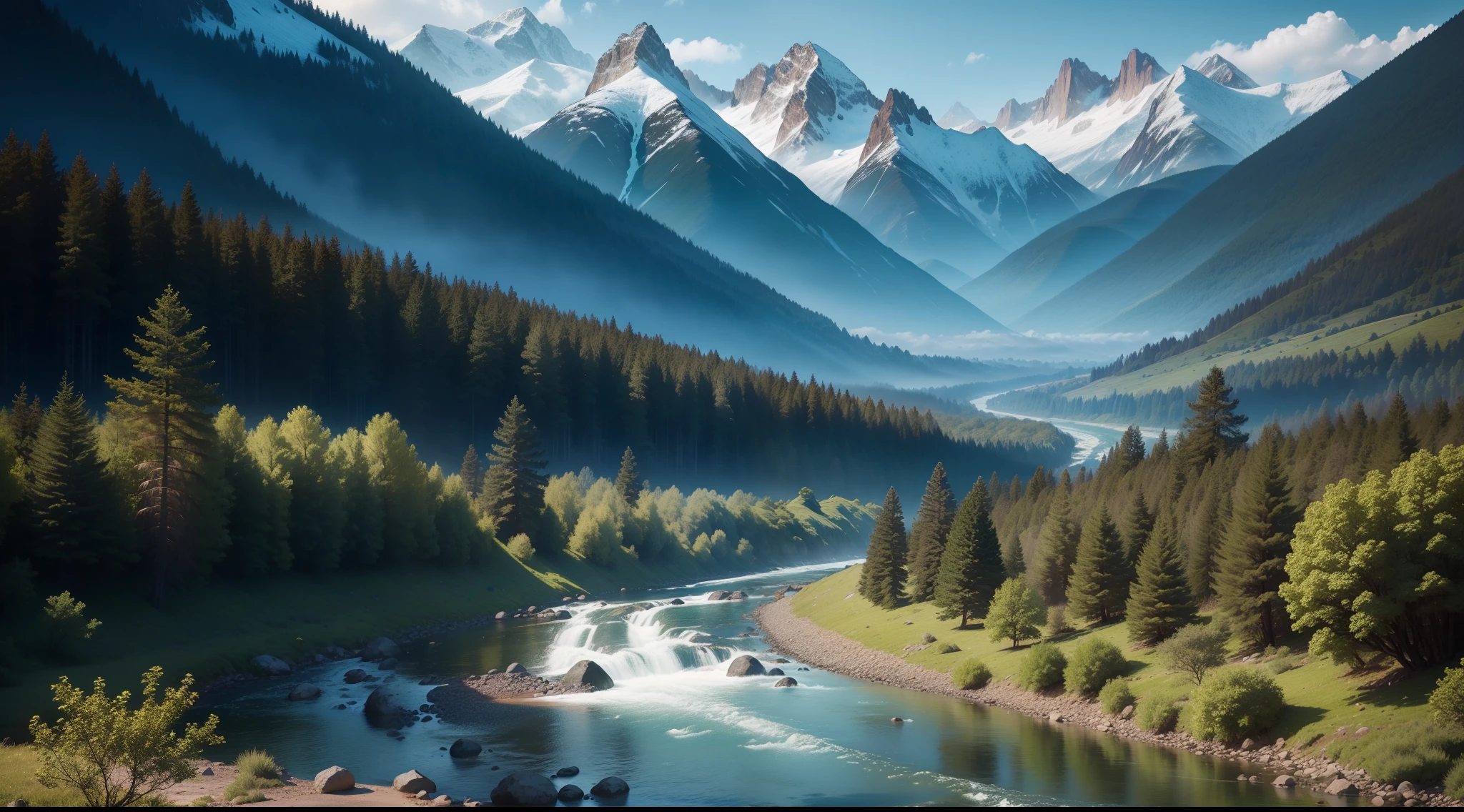 Capture a panoramic view of a lush, enchanted forest nestled between majestic mountains. Ensure the forest looks mysterious and inviting, with a river meandering through it.