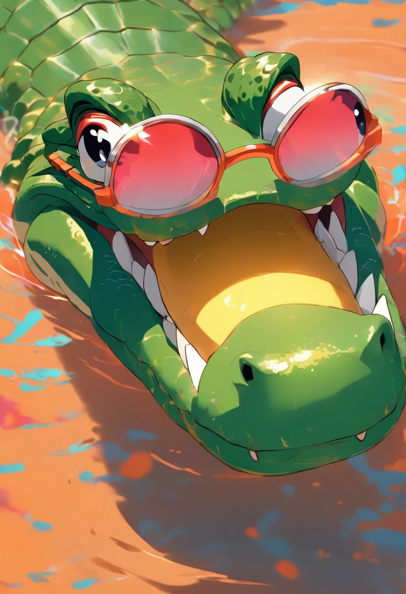 An alligator, use of sunglasses, Feliz, minimalista, Colorido, dentes afiados, Aprovado