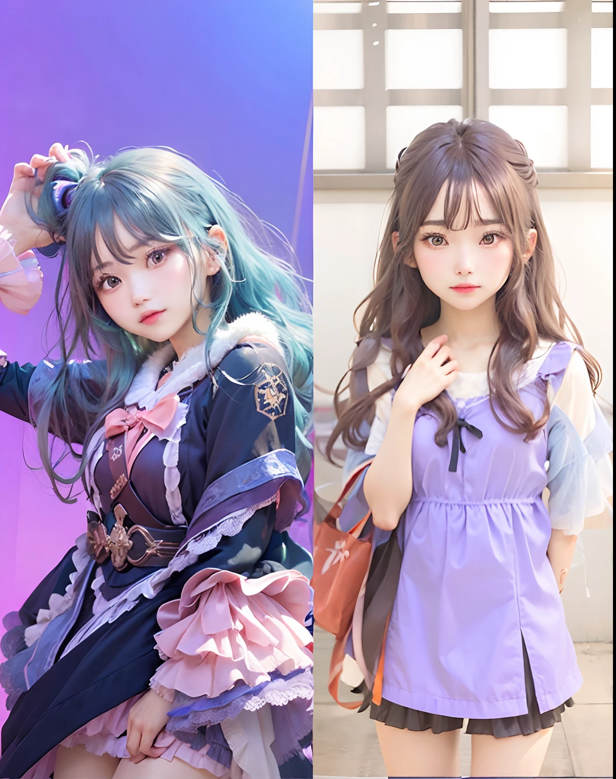 2girls, Sayo Hikawa, Yozora Kasumi, Long hair, Light Teal Hair, wavy brown hair, realistic, ultra detail, 70mm lens,